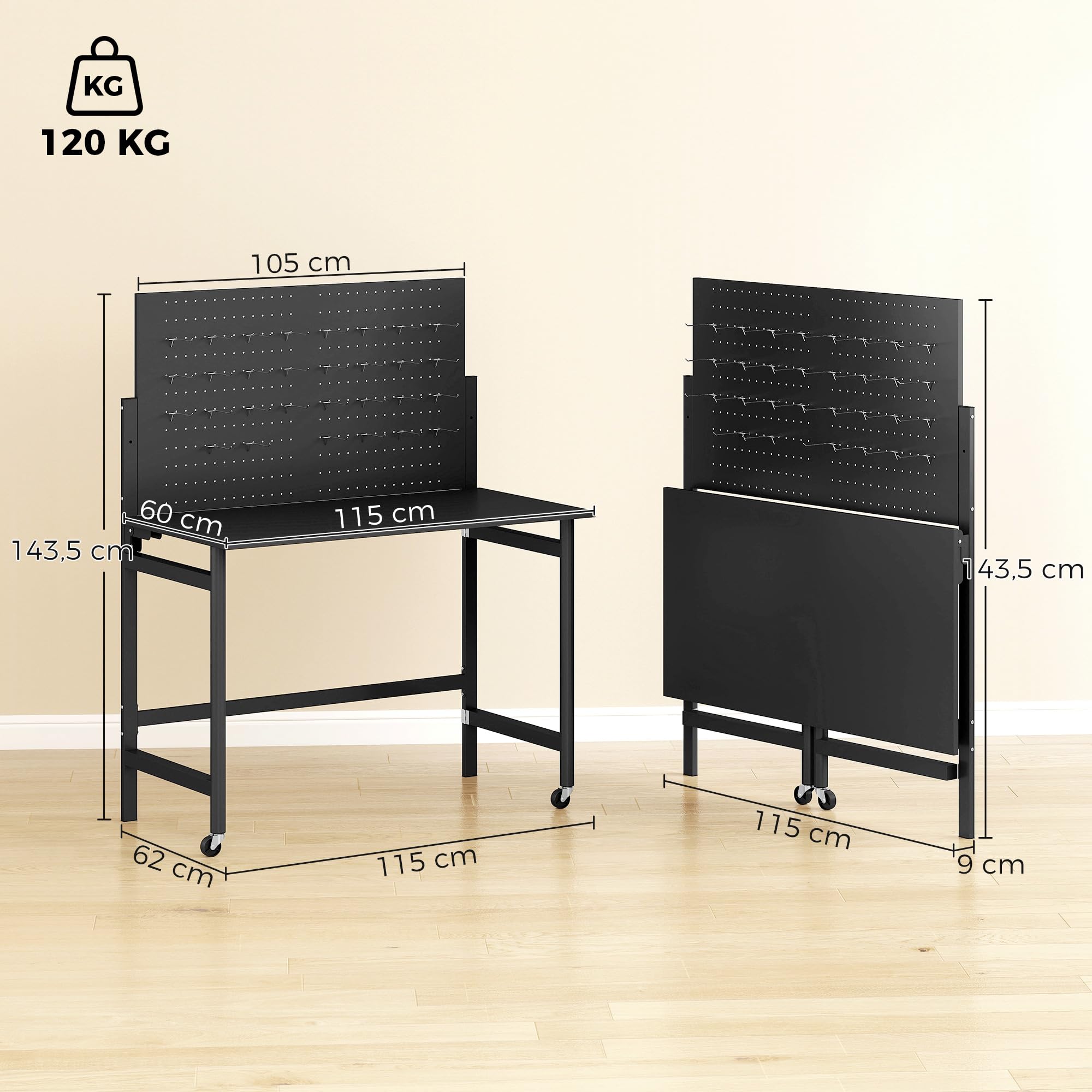 HOMCOM Werkbank mit Lochwand, 115 x 62 x 143,5 cm Klappbare Mobile Werkbank mit Rollen, Dicke Arbeitsplatte, Stahlrahmen, Haken, Werktisch für Garage, Holzwerkstatt, Schwarz