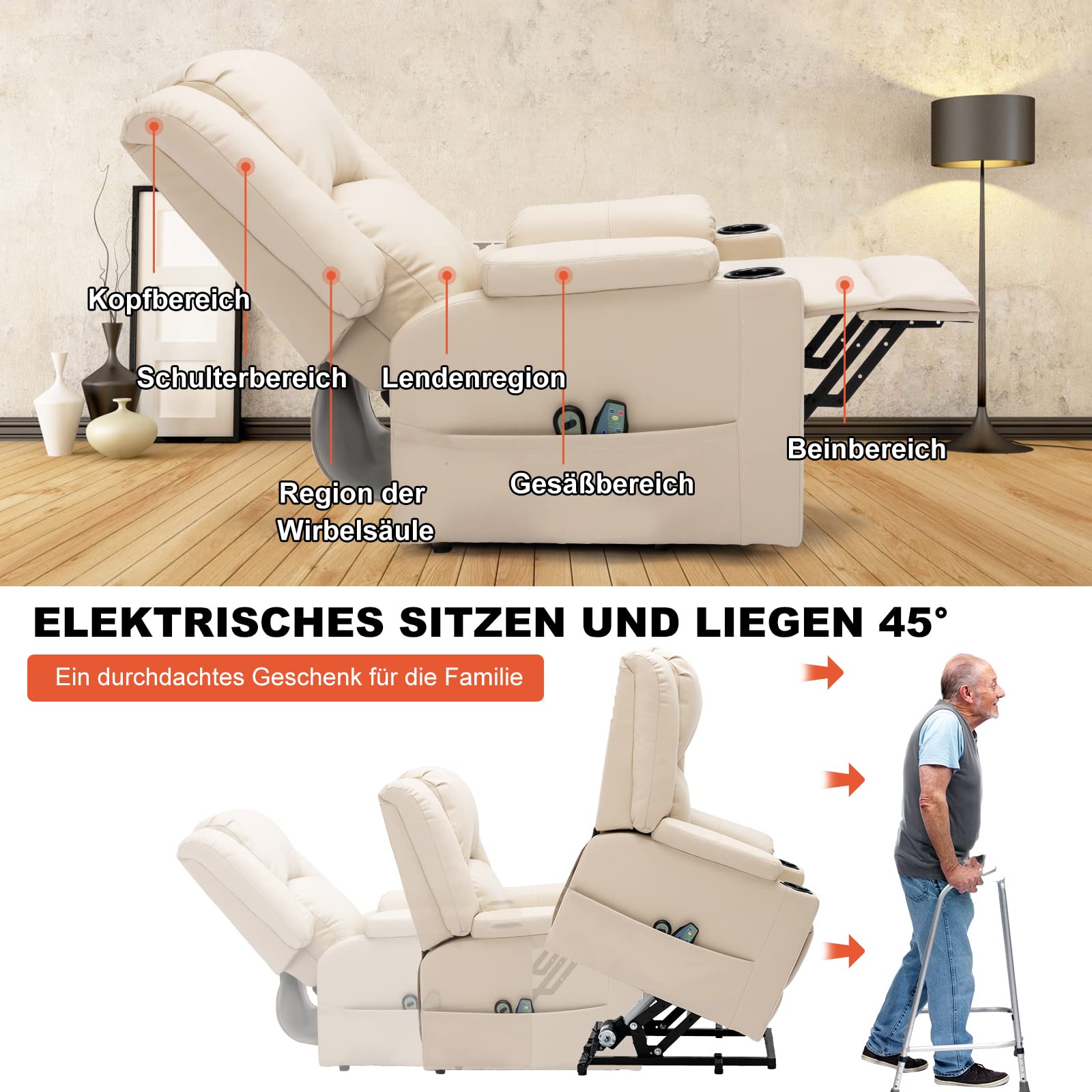 COMHOMA elektrischer Aufstehsessel, Relaxsessel Fernsehsessel Massagesessel mit Liegefunktion Sessel mit Aufstehhilfe Powerlift-Liegestuhl für ältere Menschen (Beige)