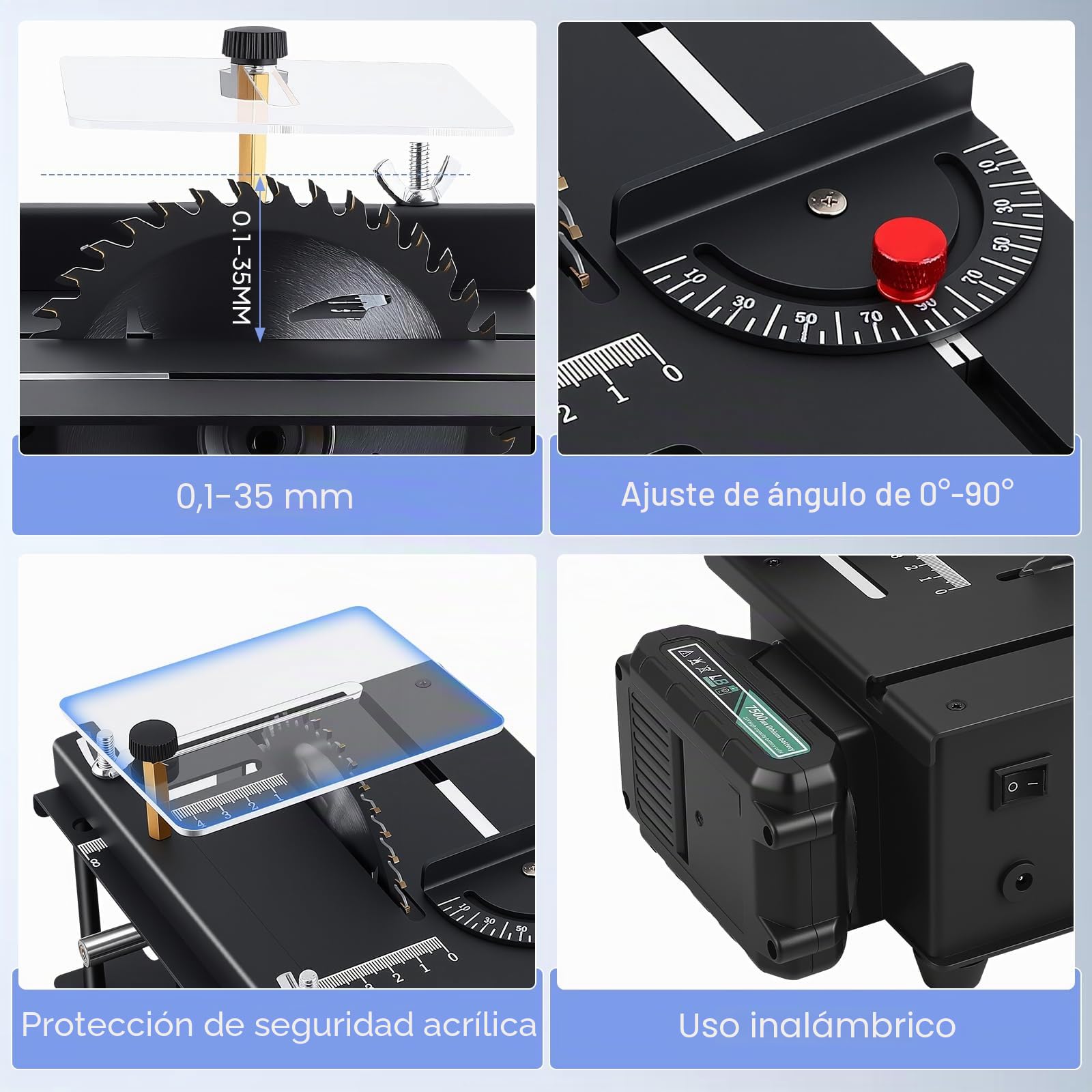 Minisierra de mesa con batería y eje flexible - Sierra de mesa de precisión de 23 000 RPM, ángulo de corte ajustable, sierra multifuncional 3 en 1 madera, plástico, accesorios lijar y taladrar