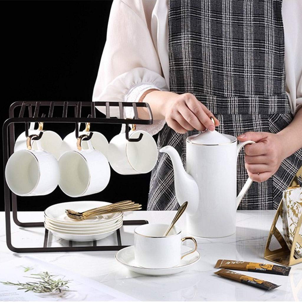 Set Tazze tazzine da caffè in Ceramica, Tazze e piattini da 6 Oz, 6 cucchiai, 1 caffettiera, 1 lattiera, 1 zuccheriera, con portacaffè,