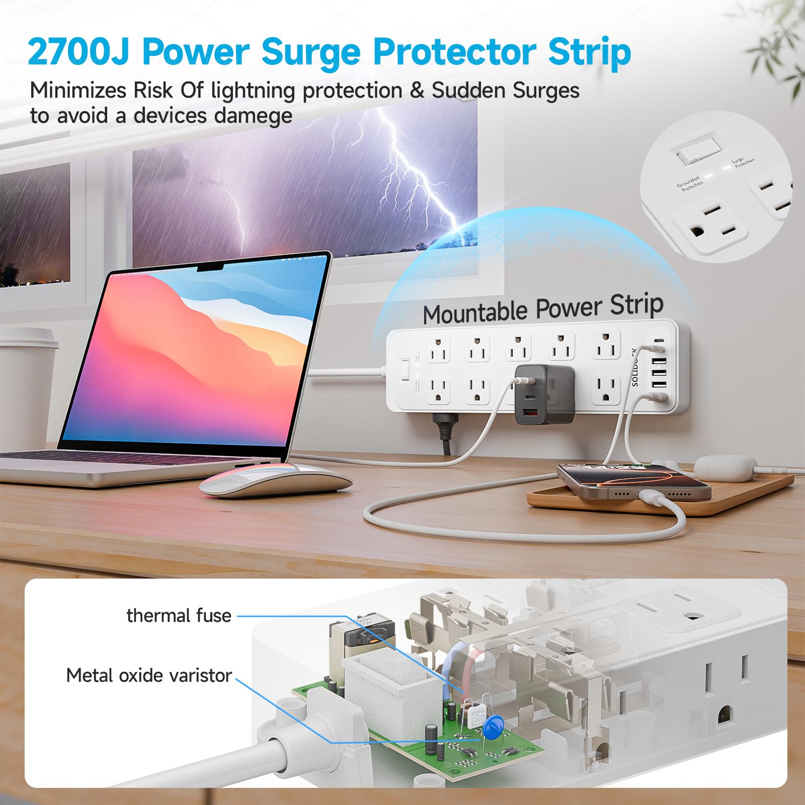 Steckdosenleiste mit Überspannungsschutz für Flachstecker mit 20 AC-Steckdosen, 6 USB-Anschlüsse, 1875W/15A, 2700J, 3.0 m Heavy Duty Verlängerungskabel für Zuhause