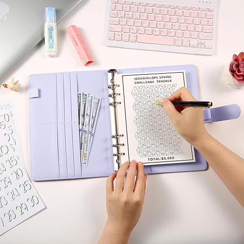 Miniatura 6 de Libro de desafíos de ahorro de dinero con 100 sobres, carpeta de presupuesto A5 con 100 bolsillos, calcomanías de números y una hoja de seguimiento,