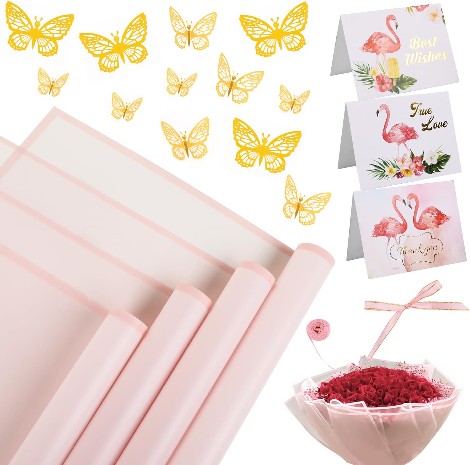 20 Sheets Flower Wrapping Paper - Waterproof Floral Bouquet Wrapping Paper, Florist Supplies with 3D Gold Butterfly Decor（Translucent Pink)