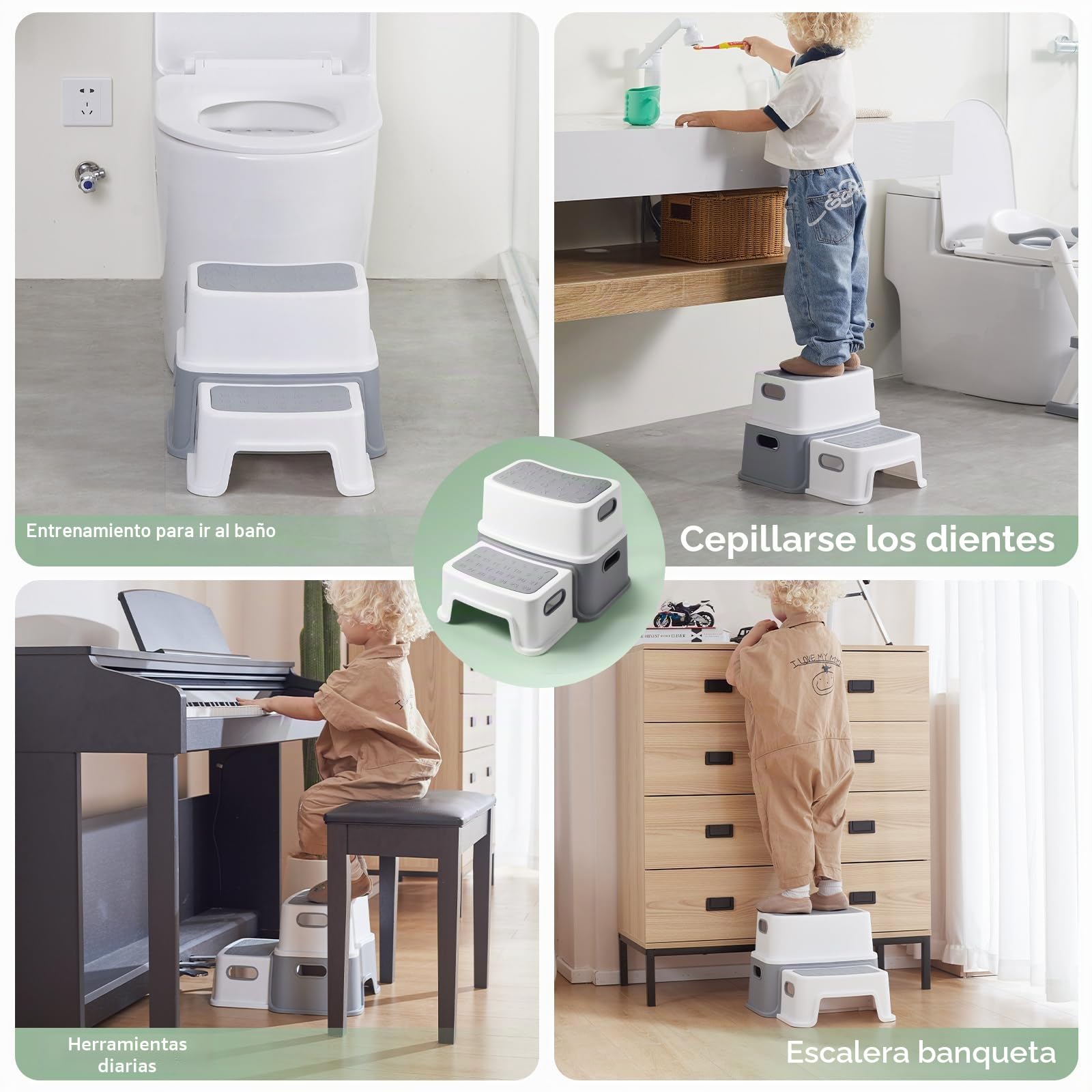 DEANIC Taburete Baño Niños Escalon Infantil 2 Peldaños 30x37.5x25cm Antideslizante Gris