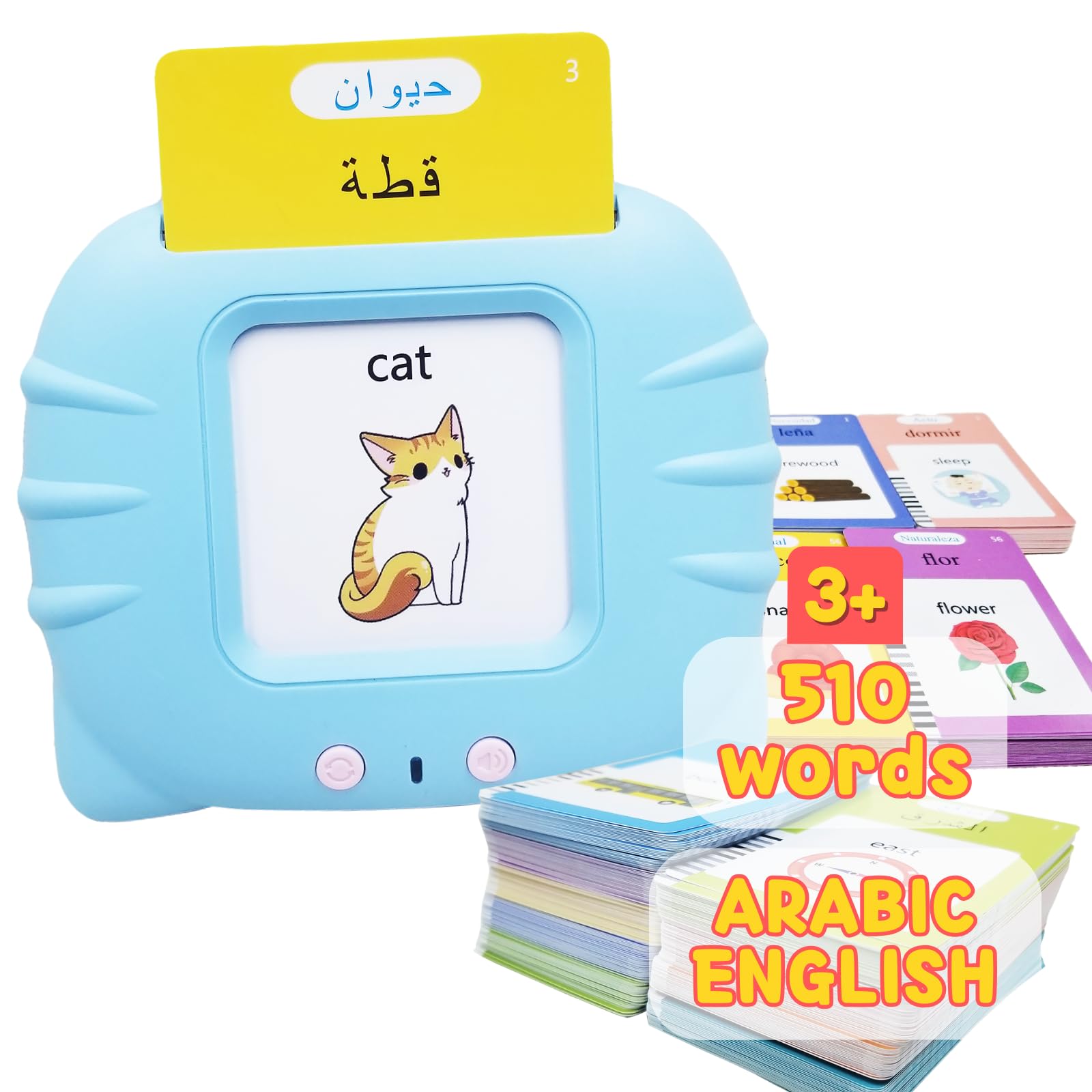 ZEENKIND Arabic & English Talking Flash Cards with 510 Sight Words for Toddlers 2 3 4 5 6 Years Old, Learn Arabic for Kids, Audible Pocket Speech Early Learning Bilingual Flashcard Toys, 255 Cards