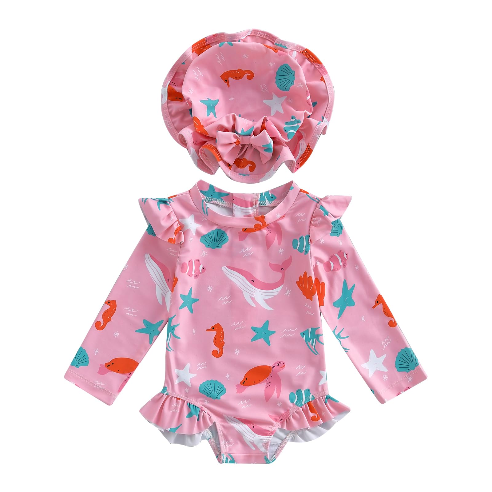 KMBANGI Toddler Baby Girl Cherry Swimsuit with Hat Striped Long Sleeve Rash Guard One Piece Bathing Suit Beach Essentials (Pink, 12-18 Months)