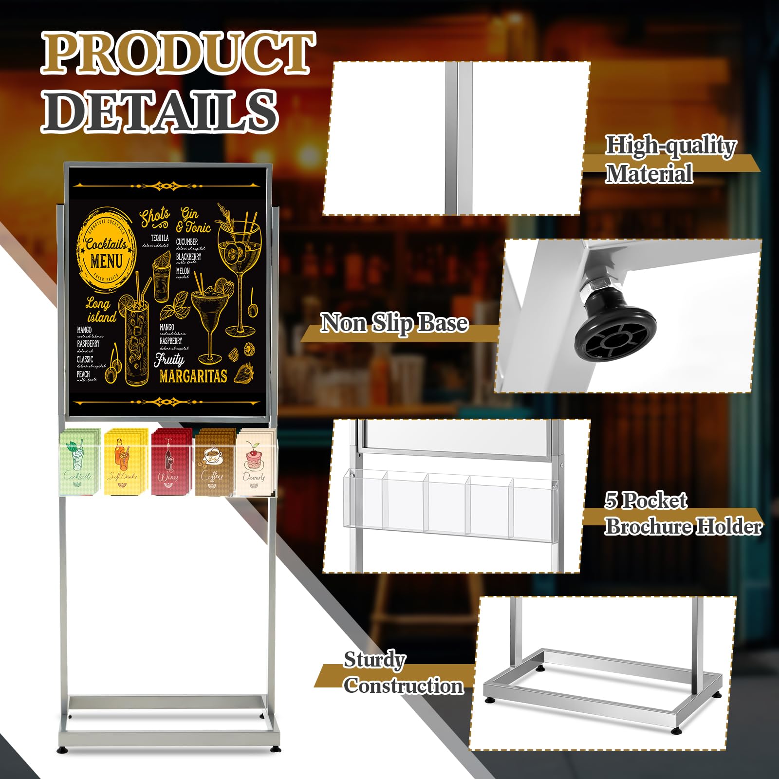 Zonon Supporto per cartelli per poster, 56 x 71 cm, con 5 tasche, supporto per brochure da pavimento, supporto per poster, diapositiva su entrambi i lati, per esposizione all'aperto, interni, negozi e