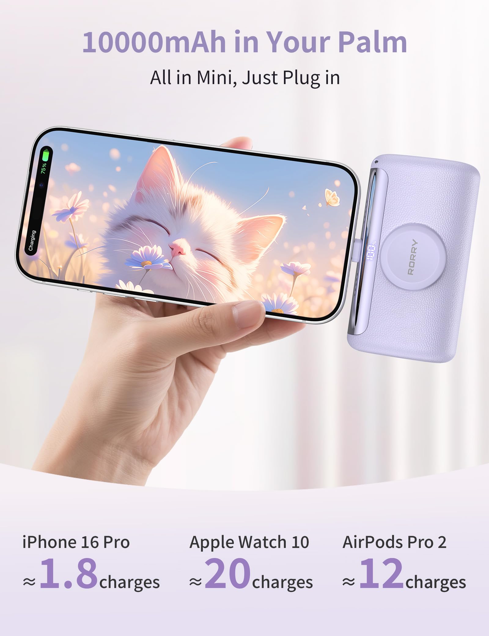 RORRY PalmGo Portable Charger, 10000mAh PD 22.5W Fast Charging Mini Power Bank with Built-in USB C Connector, 3-in-1 Battery Pack for iPhone 17/16/15 Pro/Max, Apple Watch Ultra/11/10/SE, iPad, Purple — view 2