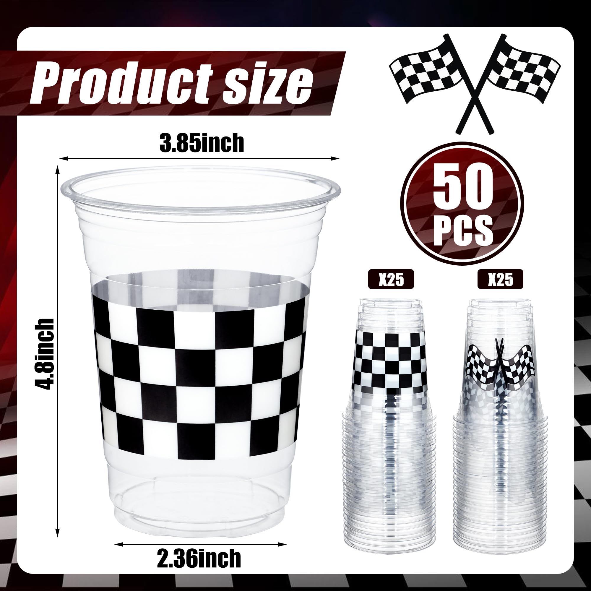 peony man 50 Pcs Checkered Racing Party Plastic Cups 16 oz White Black Checkered Flag Clear Cup Disposable Race Car Drinking Cups for Race Car Sports Themed Birthday Party Favors Supplies
