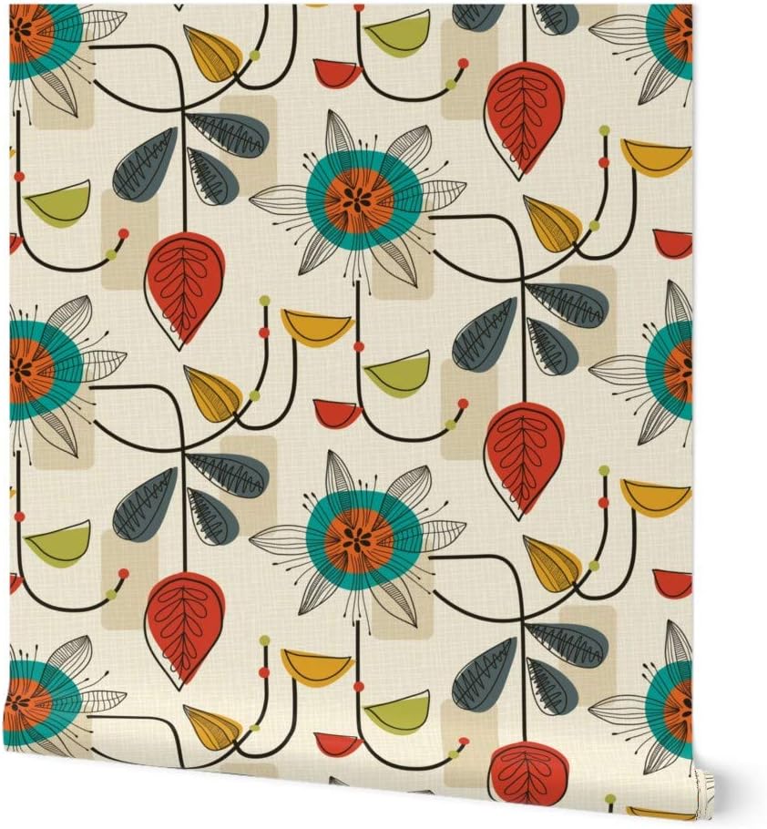 Spoonflower Peel & Stick Wallpaper 3ft x 2ft - 1950 Mid Century Modern, Retro, Vintage, Classy, Floral,Cream, Blue, Red, Block, Geometric, Custom Removable Wallpaper