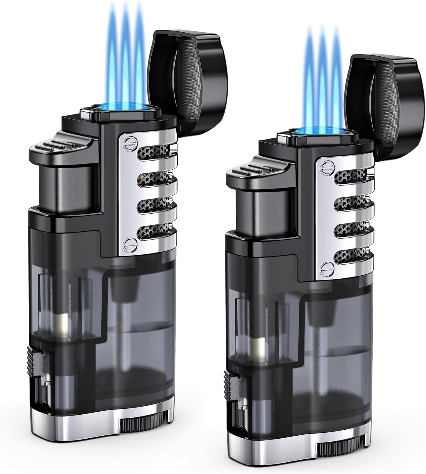 Torch Lighter Butane Refillable Triple Jet Flame Torch Lighters, Windproof Adjustable Flame Butane Torch Lighter with Punch 2 Pack (Without Fuel)