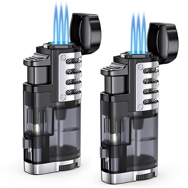 Torch Lighter Butane Refillable Triple Jet Flame Torch Lighters Windproof Adjustable Flame Butane Torch Lighter with Punch 2