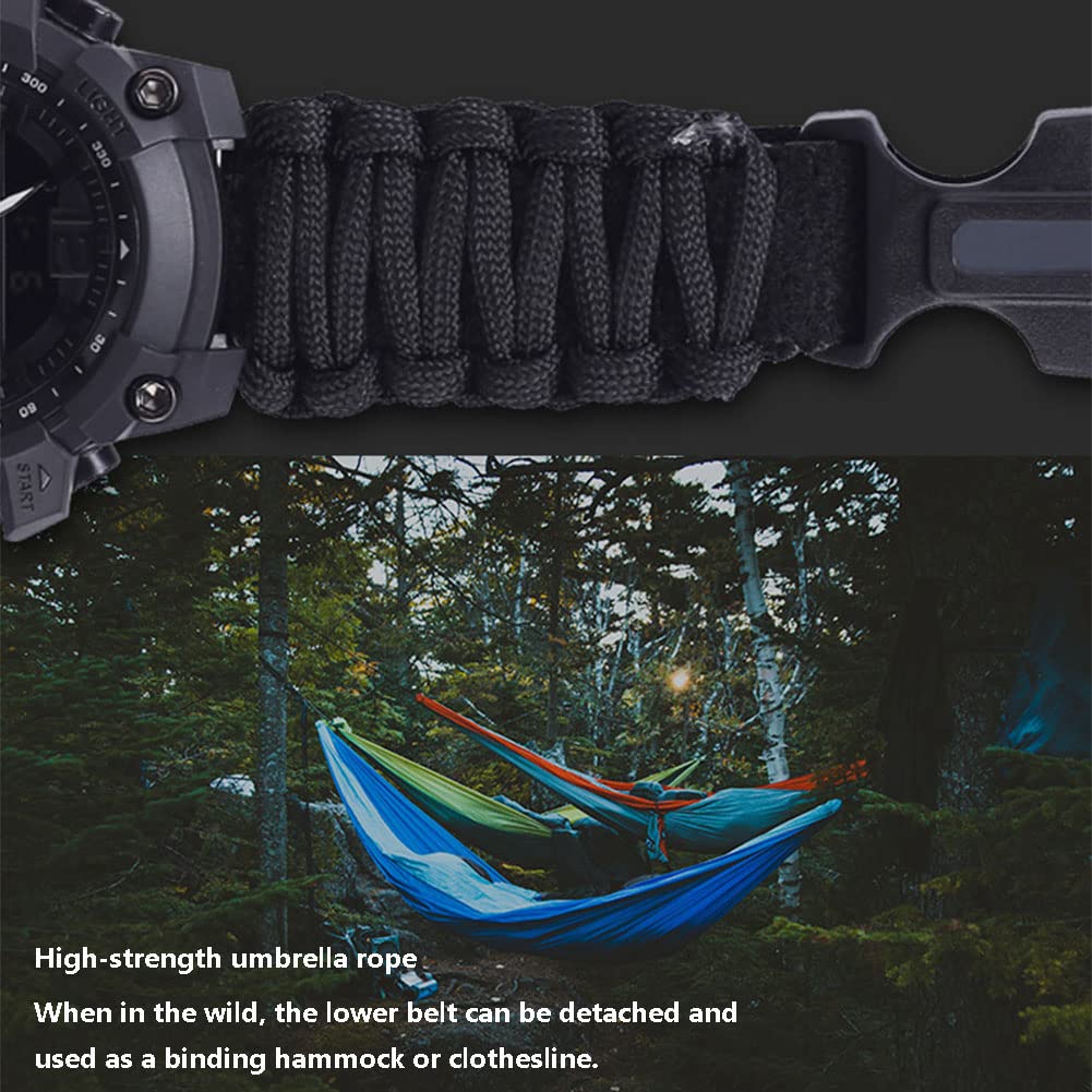 Survival zegarek na rękę, męski, damski, taktyczny, z paracord, gwizdkiem, krzesiwo, skrobakiem, kompasem i termometrem, 6 w 1, wielofunkcyjny zegarek outdoorowy, tęcza, pasek