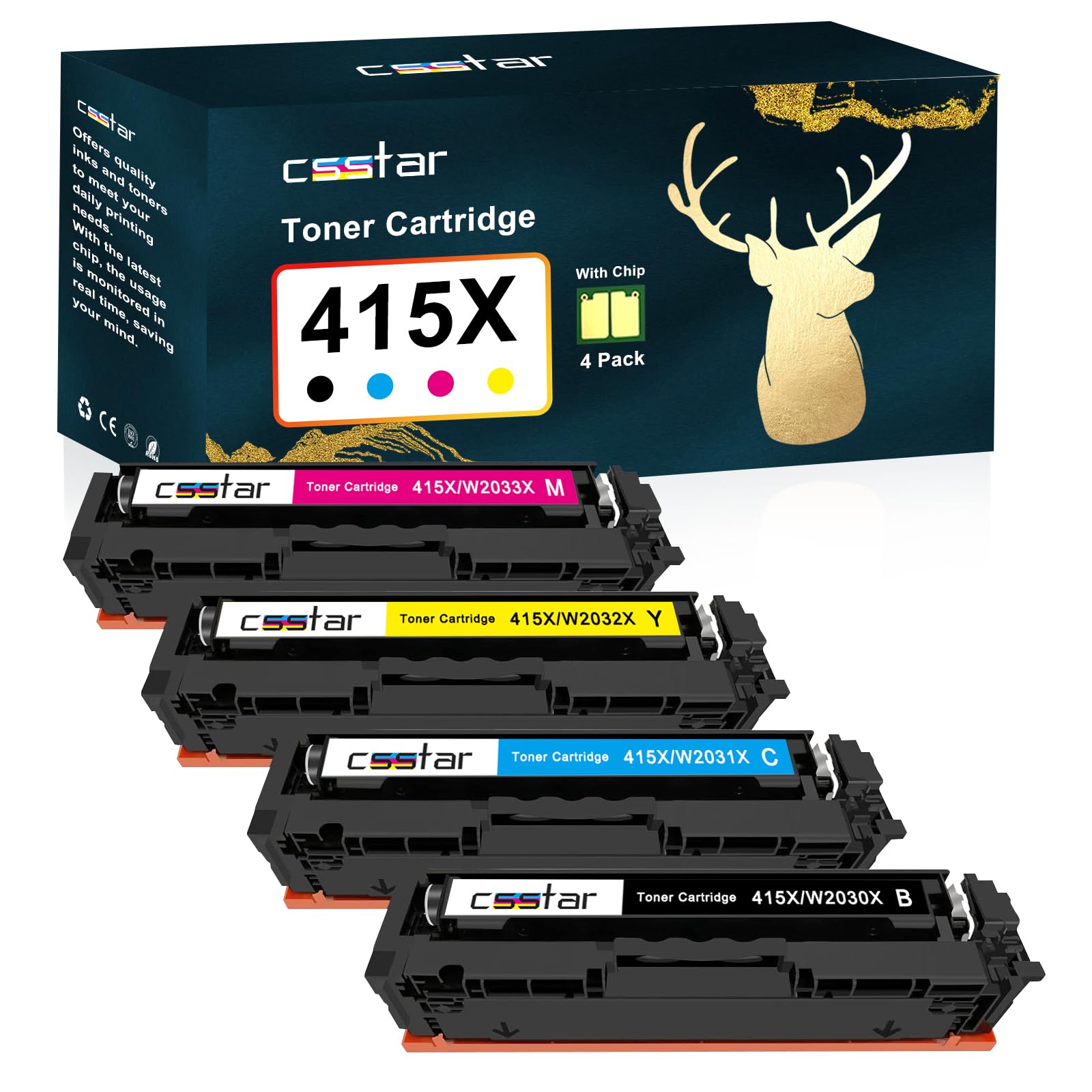 CSSTAR Compatible with HP 415X, 4-Toner Multipack, High Yield, 7500 Pages, 415X 1B3C, For HP Color Laserjet Pro MFP M479fdw, M479dw, M479fnw, M479dn, M454dw, M454dn, W2030A W2030X
