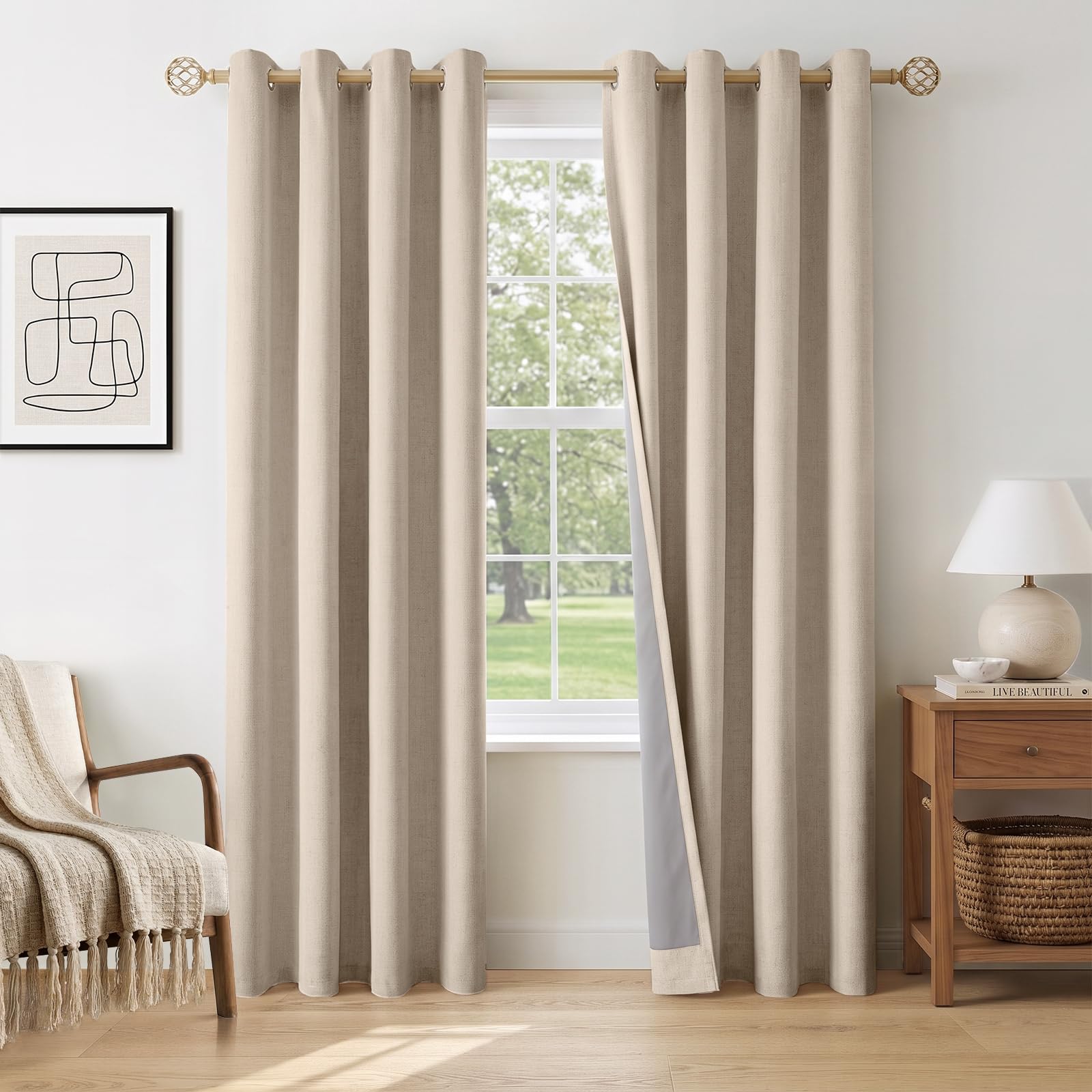 INOVADAY 100% Blackout Eyelet Curtains 2 Panels, 50" W x 84" L, Oatmeal