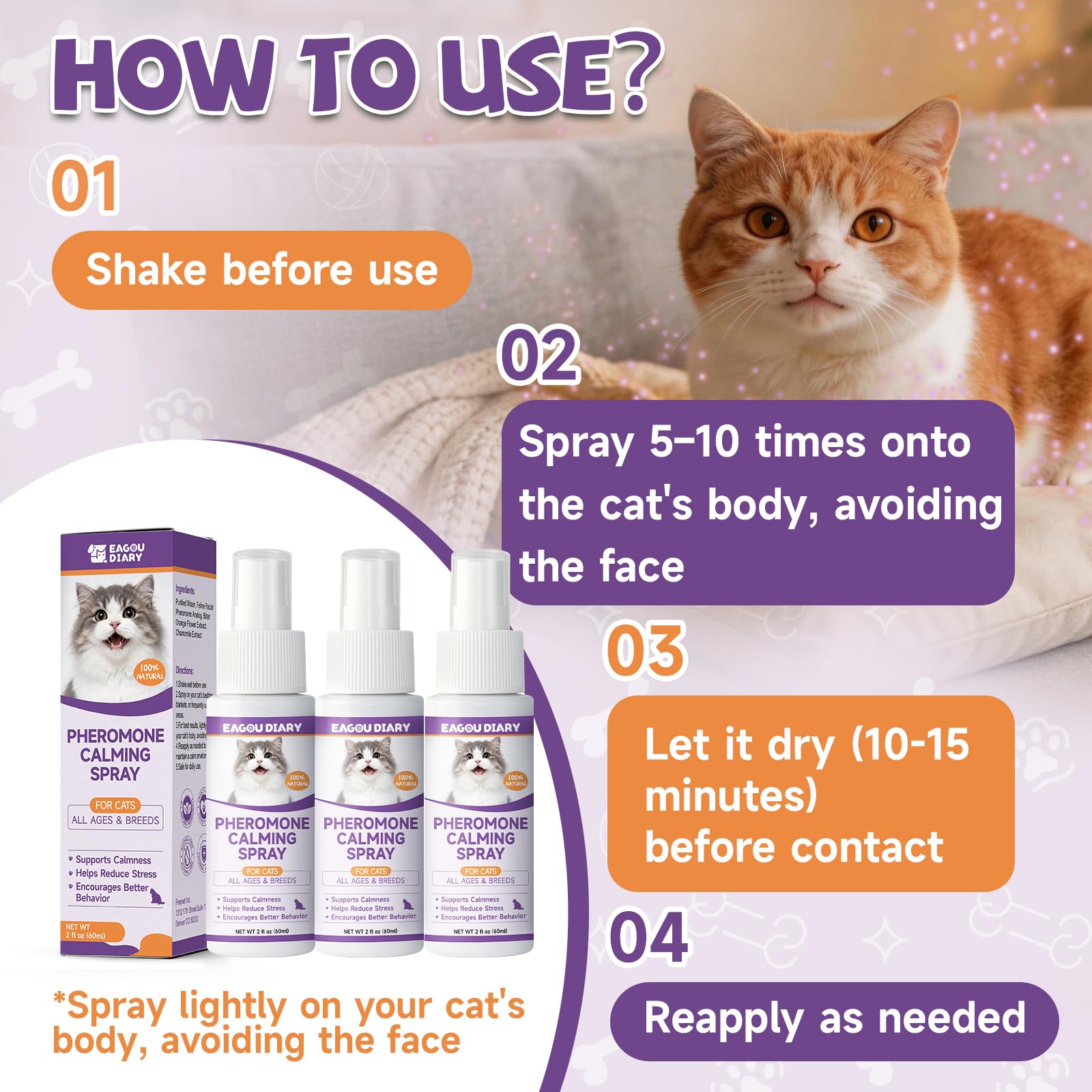 Katzen Beruhigungs spray, Stress Aggression Angst Kämpfe Miauen Umzug 60ML | Reisen, Beruhigungs Katzen spray felinen Pheromonen, Sprüh es auf die Katze Pheromonen Spray