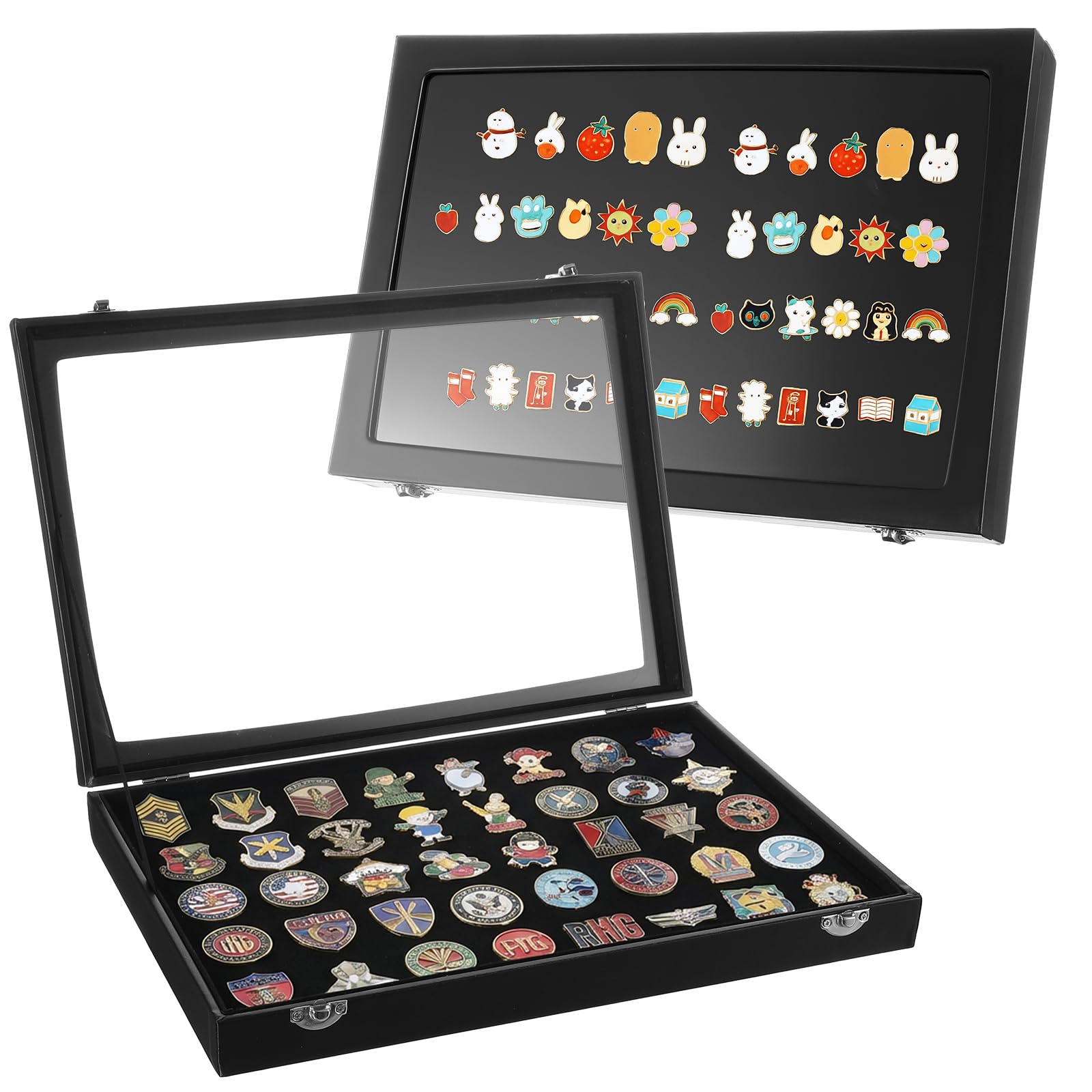 Photo 1 of 2 Pack Enamel Pin Display Case with Stand – 13.77” x 9.44” Black Shadow Box for Pins, Badges & Jewelry – Dustproof Glass Frame with Flannel Backing & Wooden Stand