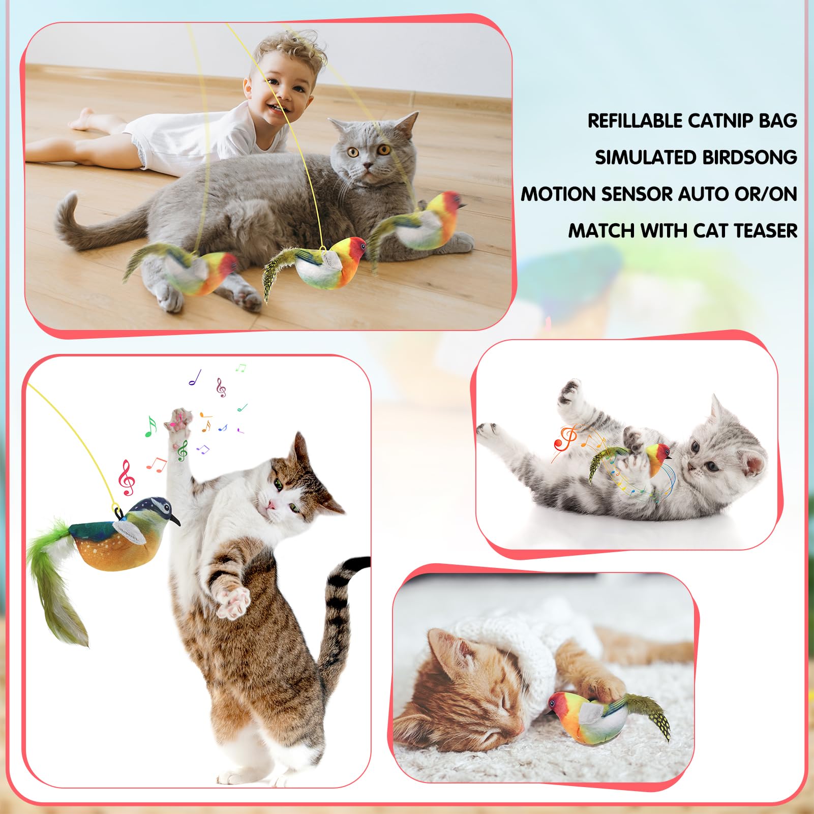 taonganui 2 Stück Fliegender Vogel Katzenspielzeug für Katzen mit Elastisches Seil, Interaktive Katzespielzeug Zwitschern Vogel Cat Toy, Katzenspielzeug Vogel Flattern für Kleine Große Katzen