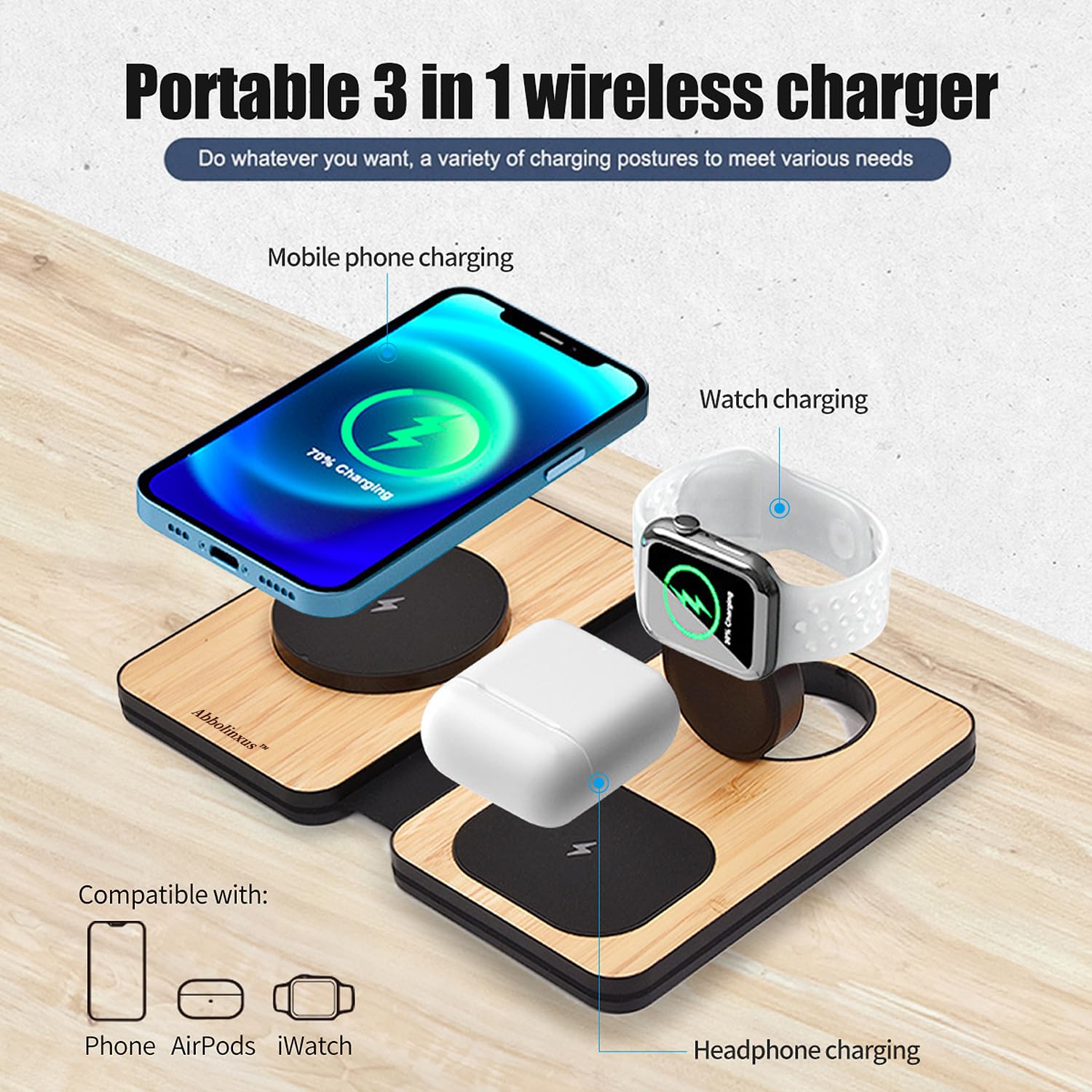 Stazione di ricarica 3 in 1 per dispositivi Apple, caricabatterie wireless rapido sicuro Mag, caricabatterie da viaggio pieghevole per telefoni cellulari serie 16-12, AirPods e iWatch Series (bambù)