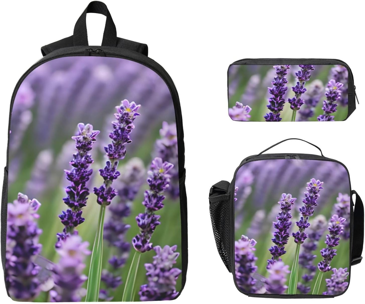 Purple Lavender Floral Flowers print 3 Piece Backpack Bags with Lunch Box Pencil Case Set for Travel Work Camping Unisex