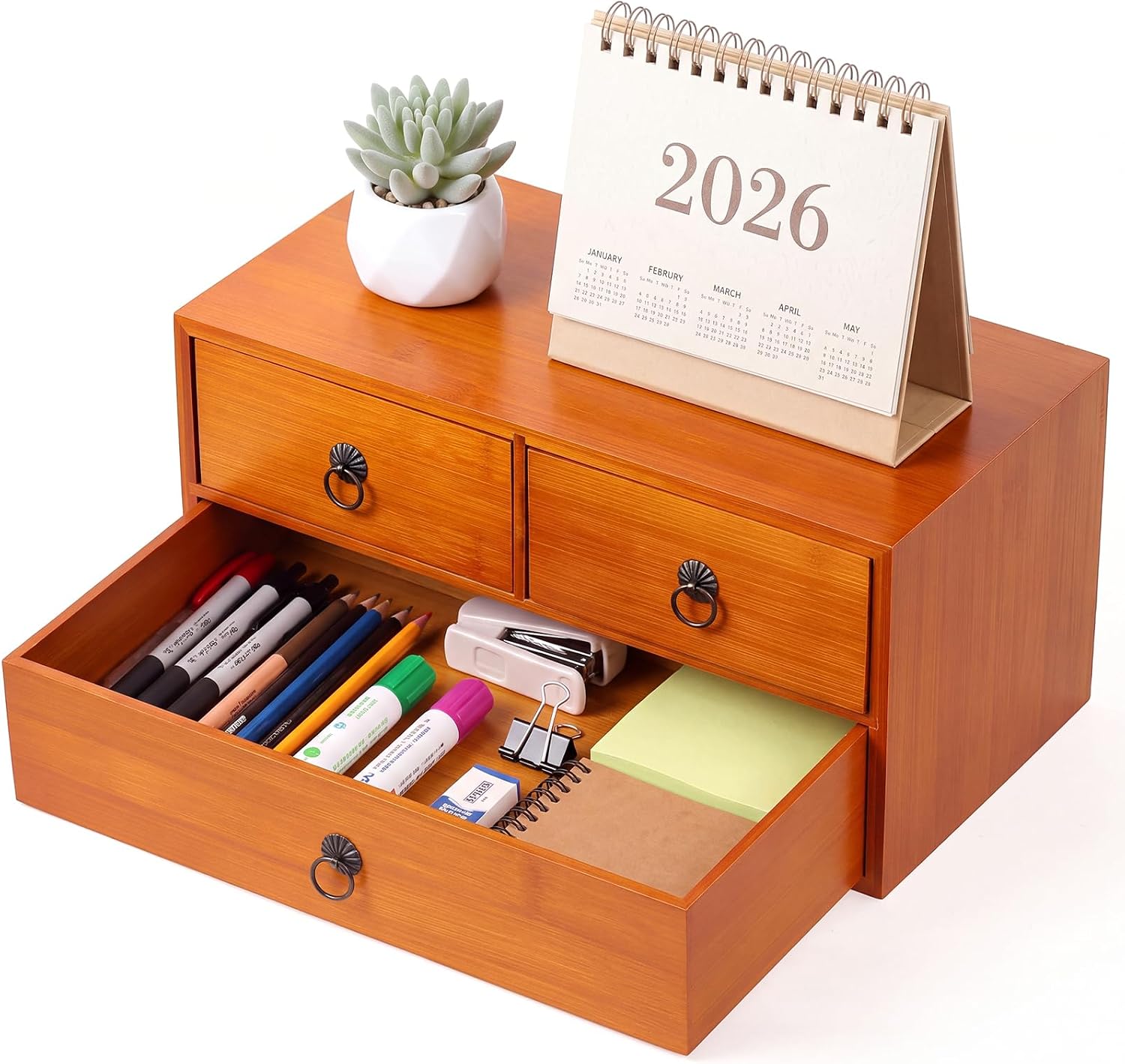 Novabright Bamboo Desk Drawer Organizer 2-tier 3 Drawers Storage Caddy