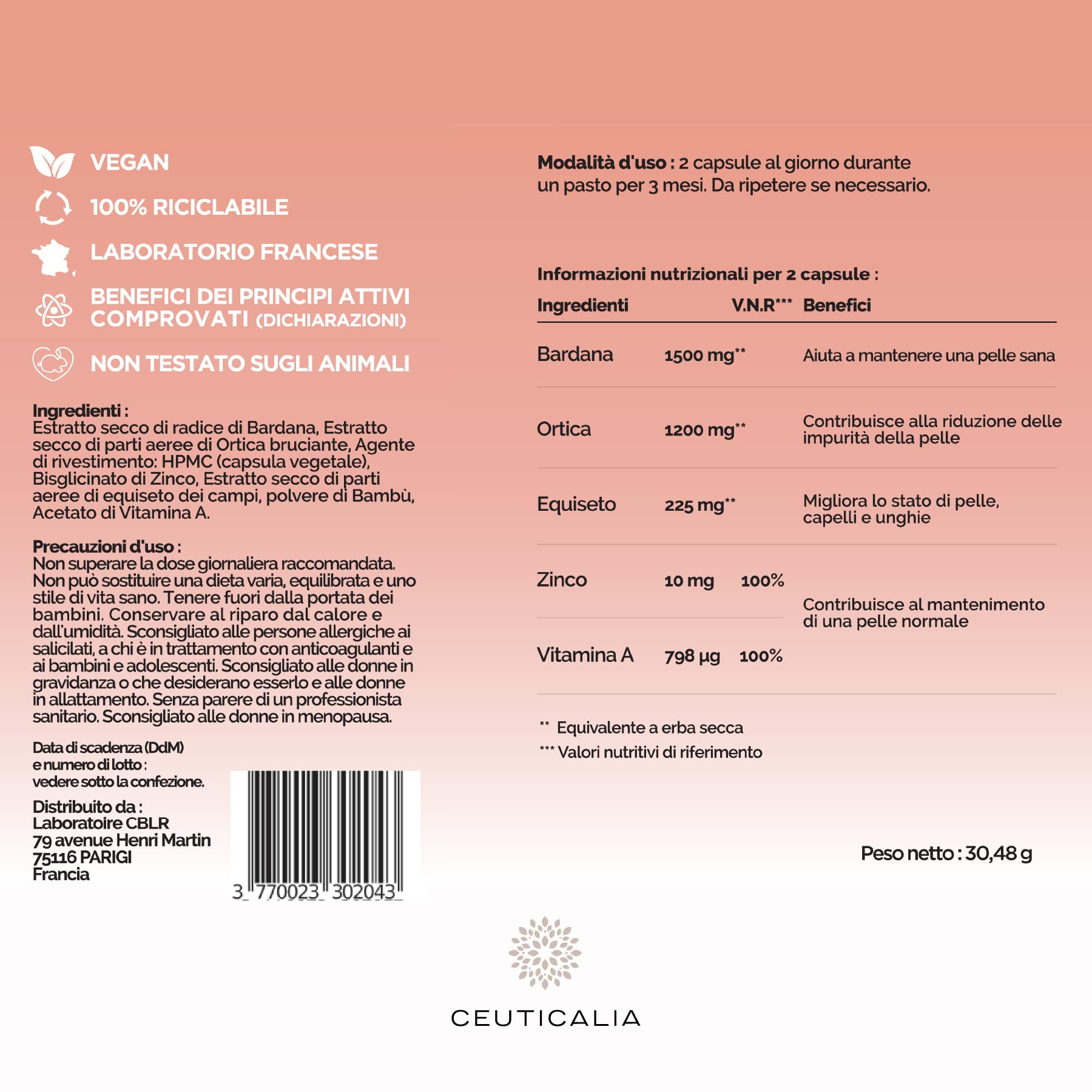 Integratore Alimentare per la Pelle - Punti Neri, Acne, Pelle Grassa o Secca, Brufoli, Imperfezioni - Uomini, Donne - Zinco, Vitamina A, Ortica, Bardana, Equiseto - 180 Capsule, 90 Giorni