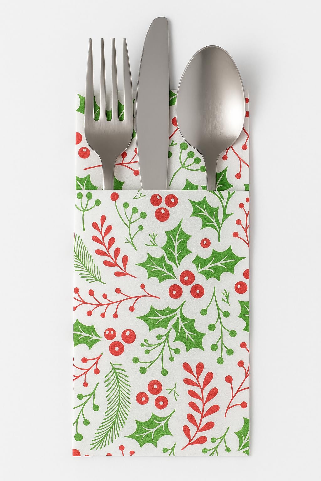 Canguro Manteles y Servilletas Navideñas con Muérdago, Individual 30x40 cm y 40x40 cm, Efecto Tela Tissue-Seco, Blanco con Verde y Rojo, Pack Elegante Desechable (240 servilletas)