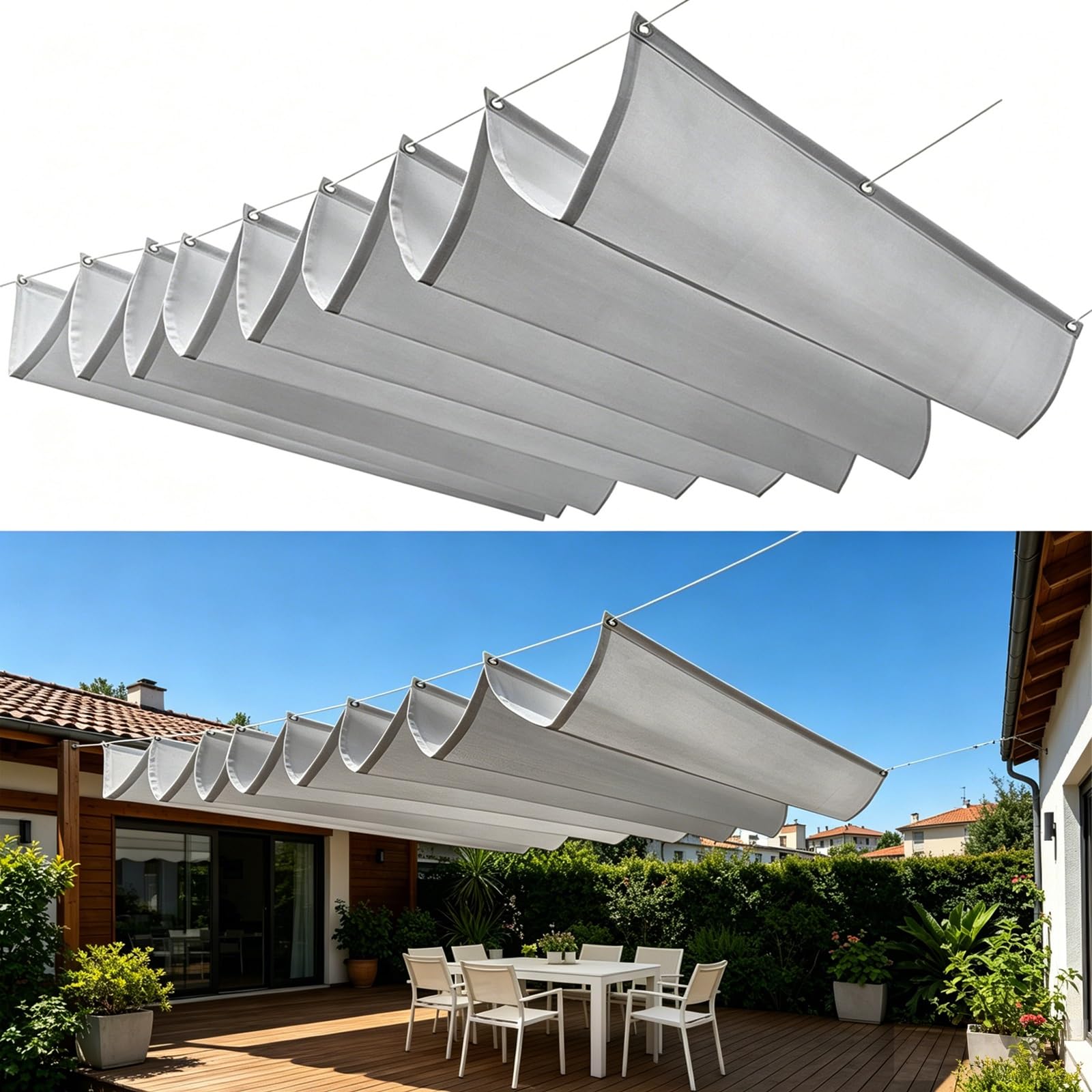 Voile d'ombrage vague rétractable 1x1.9m gris clair imperméable pour terrasse
