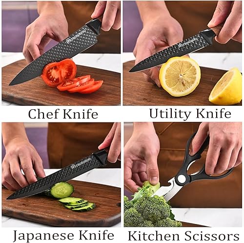 Miniatura 3 de Juego de cuchillos de cocina de 6 piezas, color negro, juego de cuchillos afilados negros para cocina, antiadherentes, antideslizantes, juego de