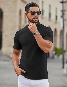 COOFANDY Black Mock Neck for Men Short Sleeve Turtleneck Sweater