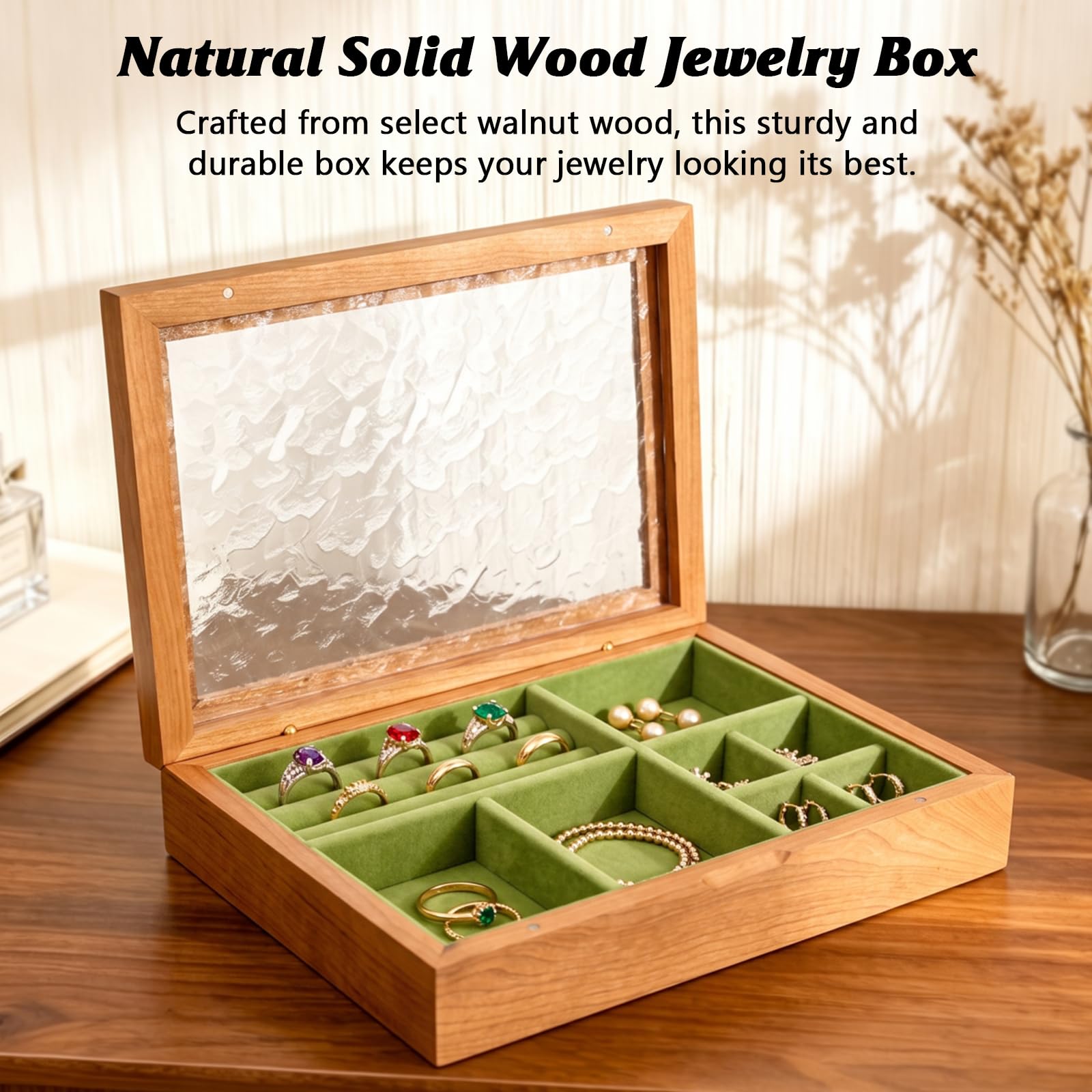ZILAMPU Schmuckschatulle aus Holz, 1-lagig, Schmuckschatulle mit Glasdeckel, Vintage-Schmuck-Organizer aus Holz, separate Fächer, Schmuckschatulle für Ringe, Ohrringe, Halsketten, Armbänder