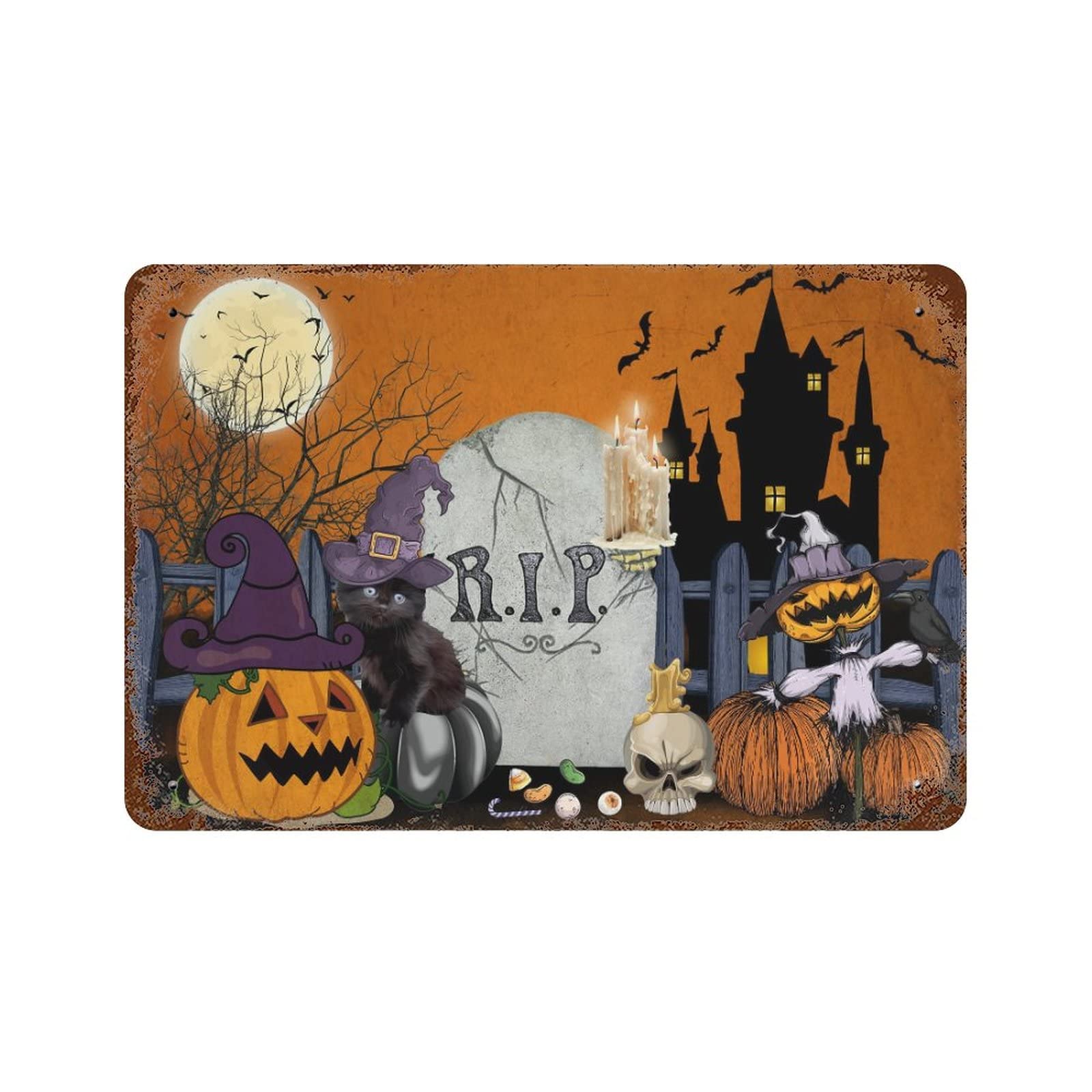 Décoration Halloween panneau métal chat noir grand format résistant 30x45cm