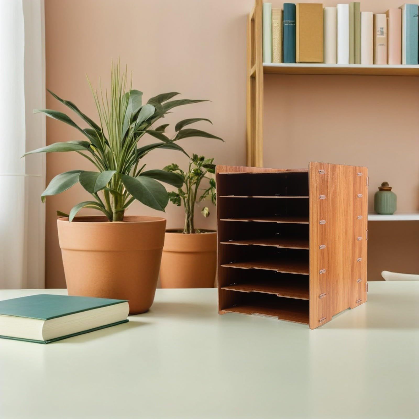 OSALADI Portadocumenti da Scrivania in Legno con 7 Livelli, Struttura Rinforzata e Design Naturale, Organizer Componibile per Ufficio e Spazio di Lavoro