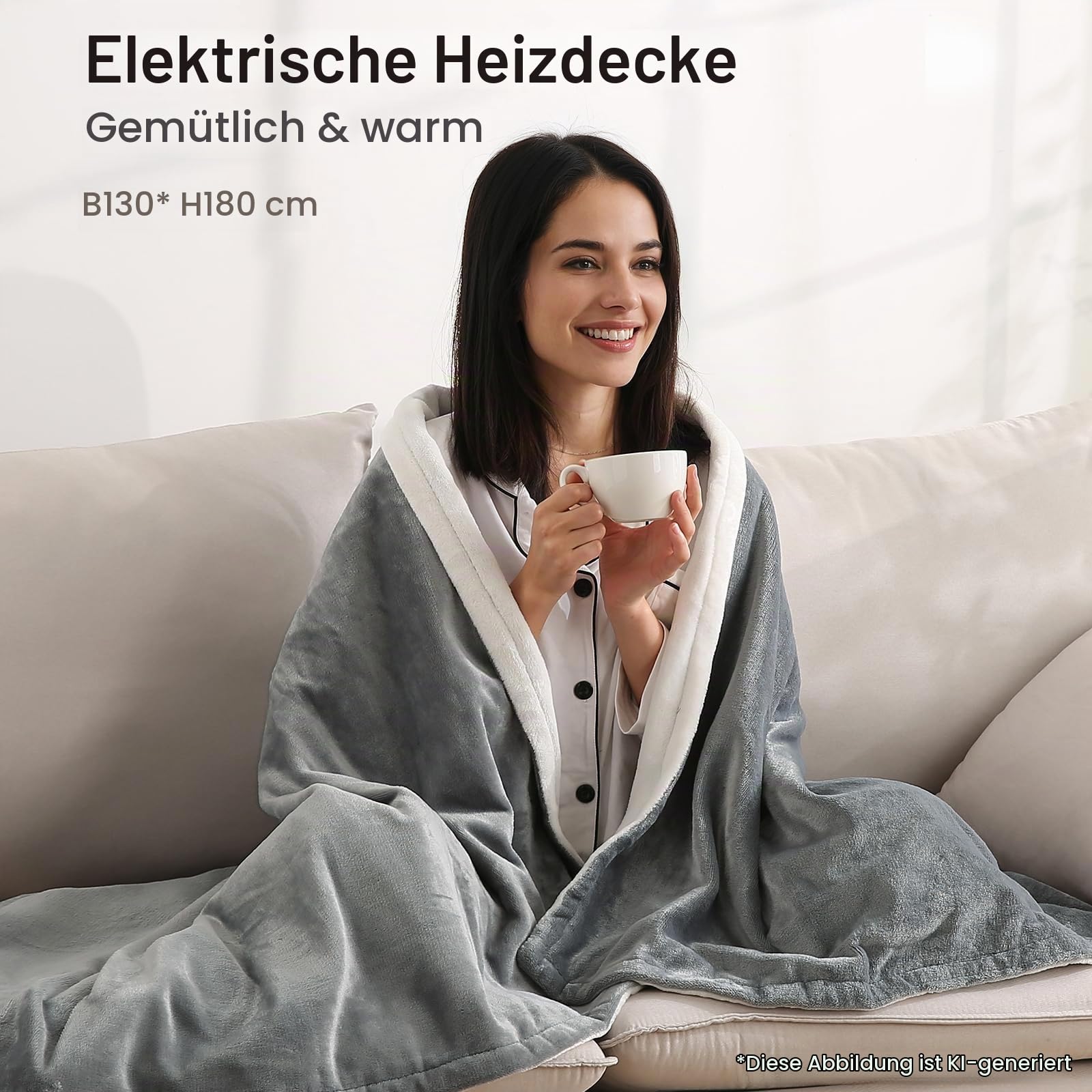 CURECURE Heizdecke 180 x 130 cm Wärmedecke Elektrisch fürs Bett mit Abschaltautomatik Überhitzungsschutz Auto Timer 10 Stunden, 4 Temperaturstufen, Waschbar, Silber Grau