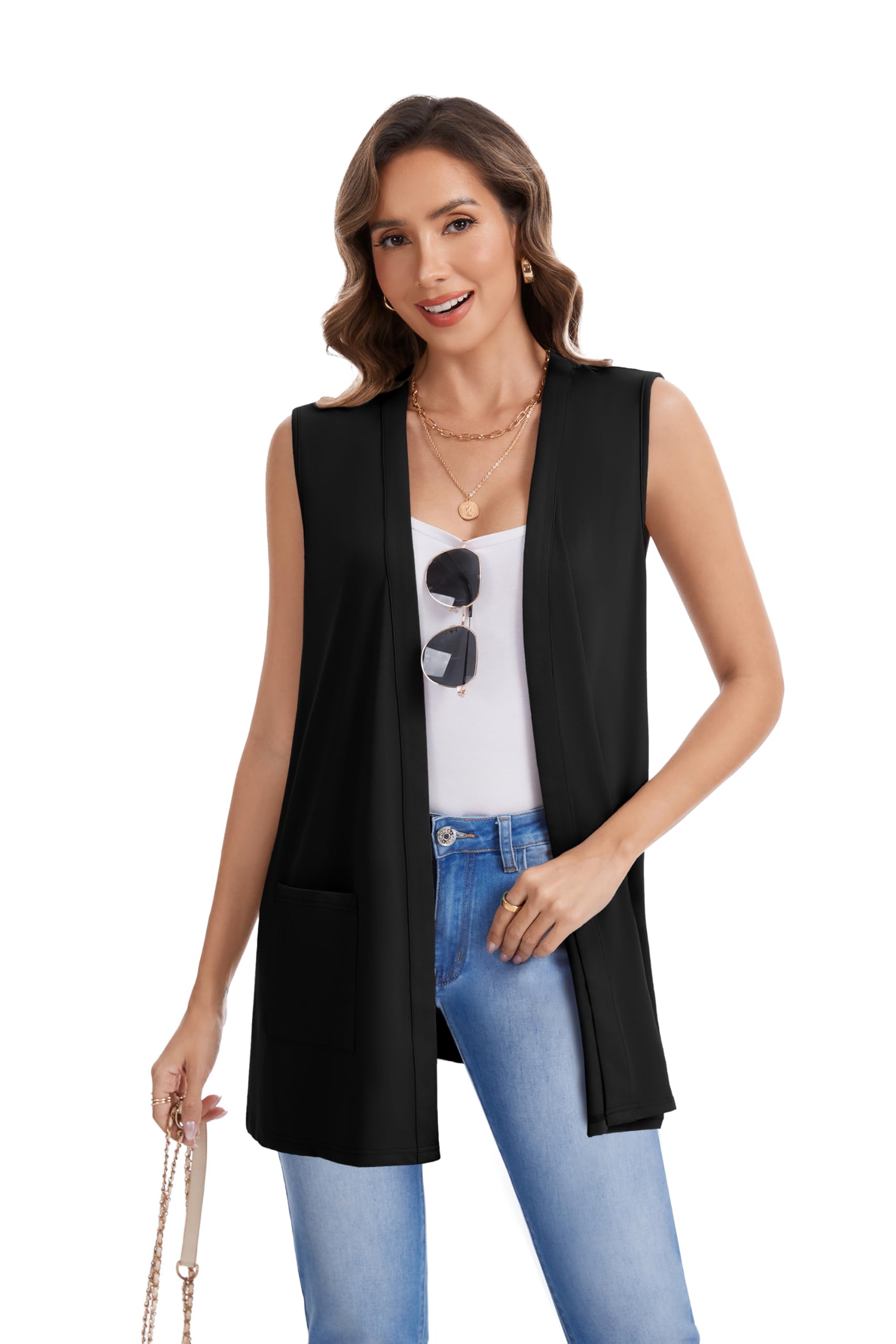 Actcat Cardigan da donna senza maniche leggero aperto davanti casual vestibilità ampia gilet con tasche 2026