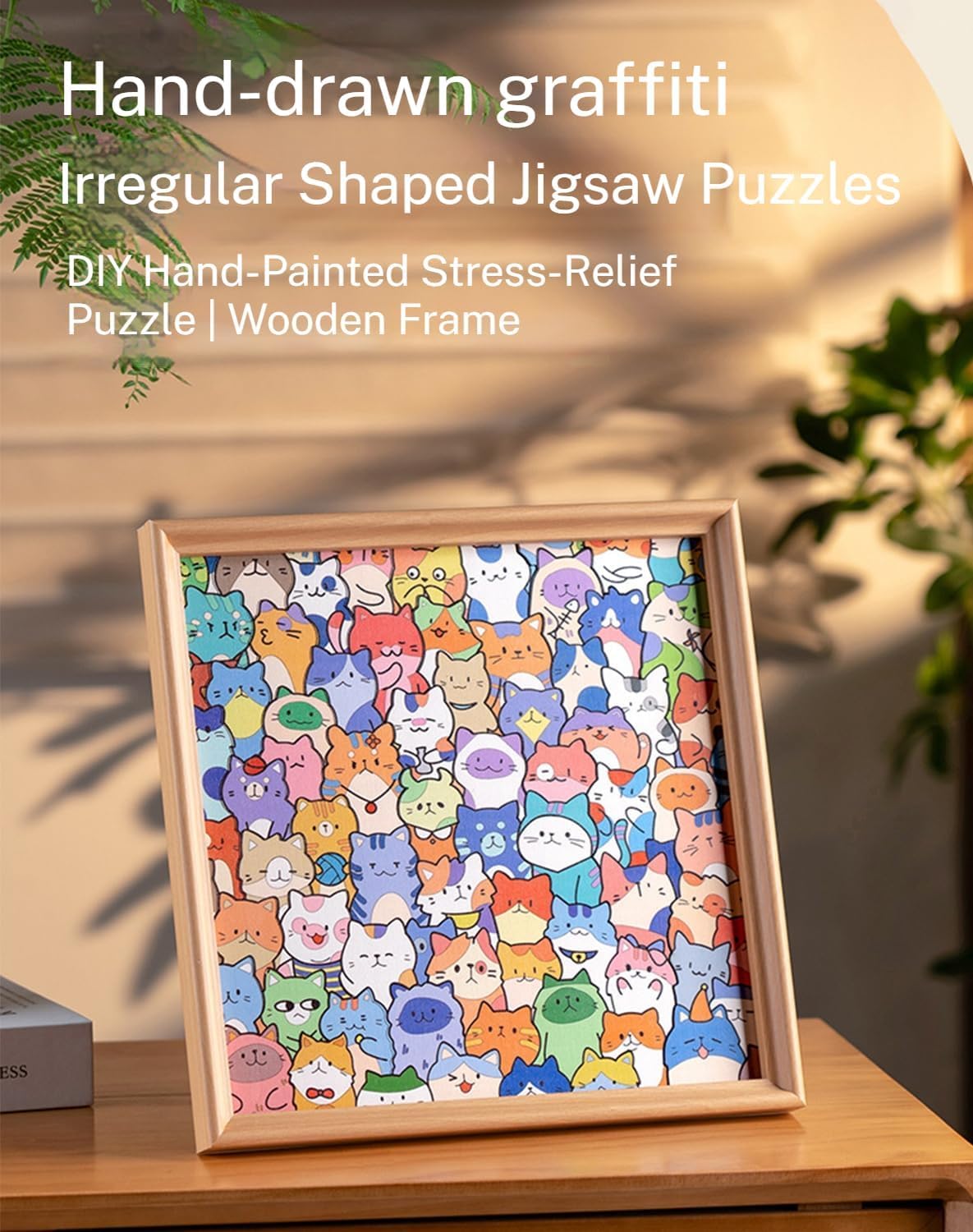 DIY Wooden Cat Puzzle Frame, Puzzle/Drawing/Assembly All in One, Creative Paintable Puzzle Photo Frame, for Home Decoration and Self-Made Gift (12 Colors)