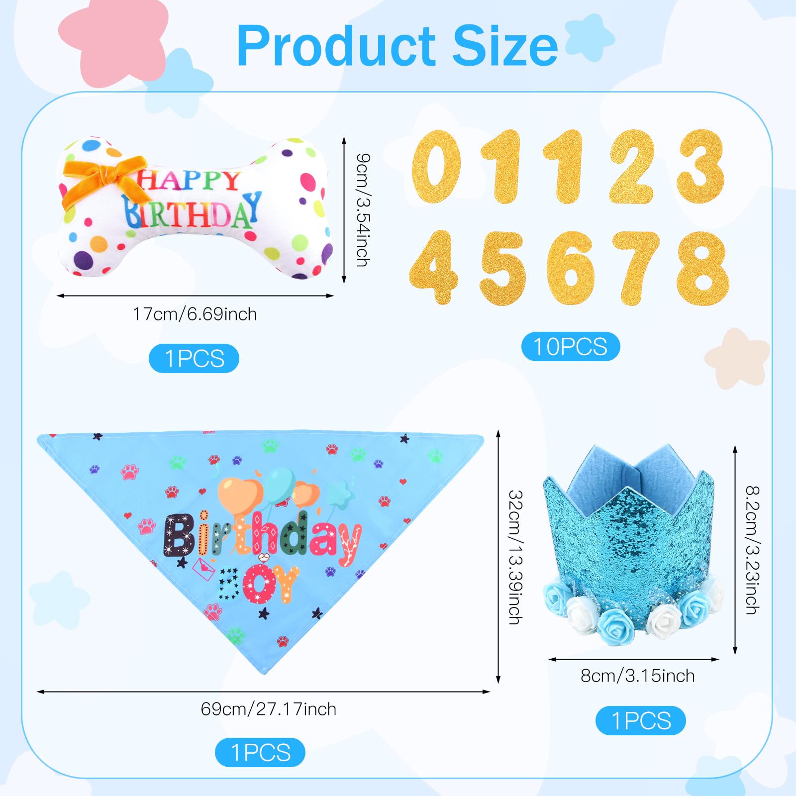 Set Compleanno Cane, 4 Pezzi Decorazioni Festa di Cappellino per Cani con Cappello, Bandana, Giocattolo a Forma di Osso & Numeri, Regalo Cane Compleanno per Cani Maschi e Femmine (Blu)