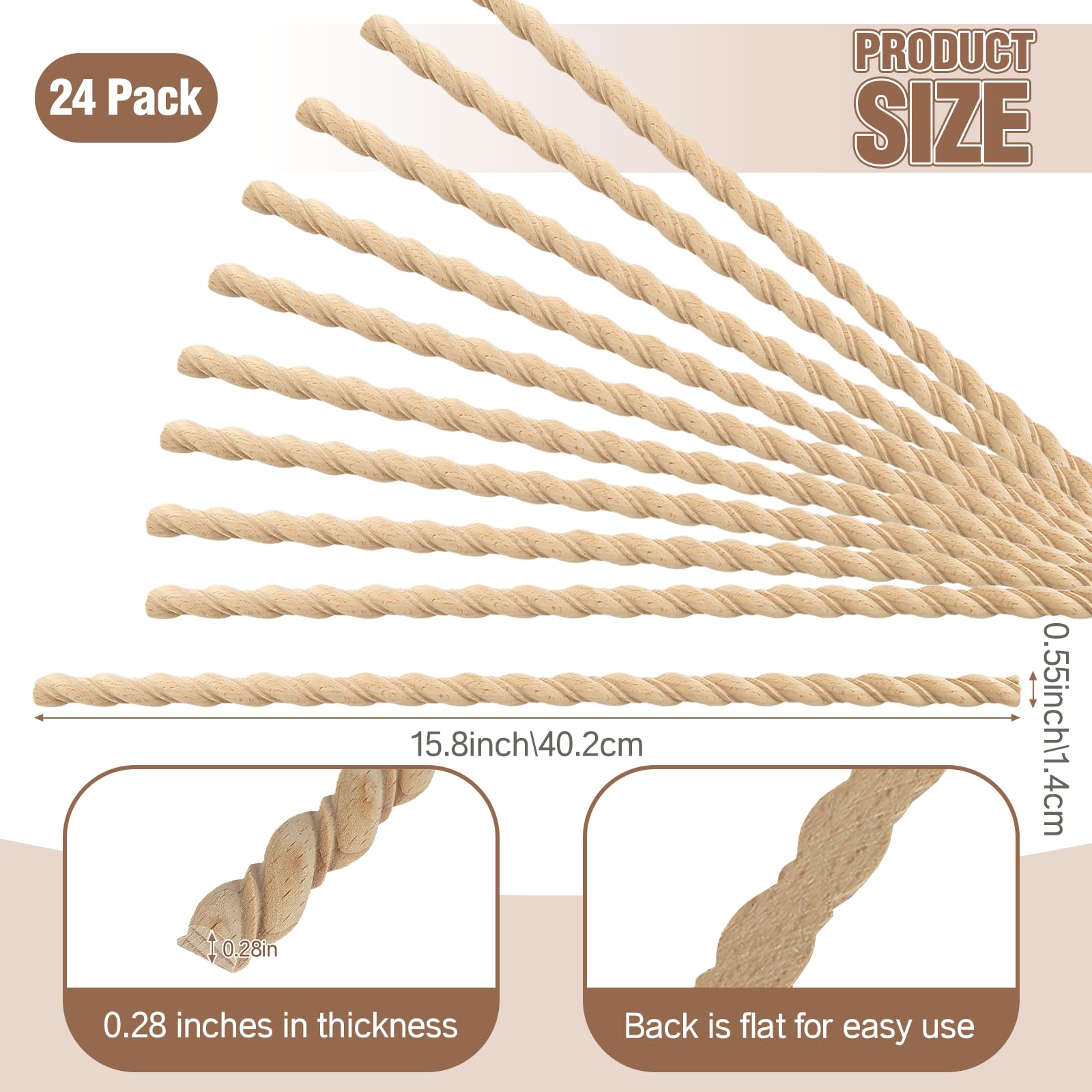 Ebrima 24 Pcs Wood Trim Molding, Unfinished Decorative Trim, 15.75”L x 0..55” W, Edge Wooden Moulding & Trims for DIY Wall Cabinet Shelves Decor Crafts (WD-02)