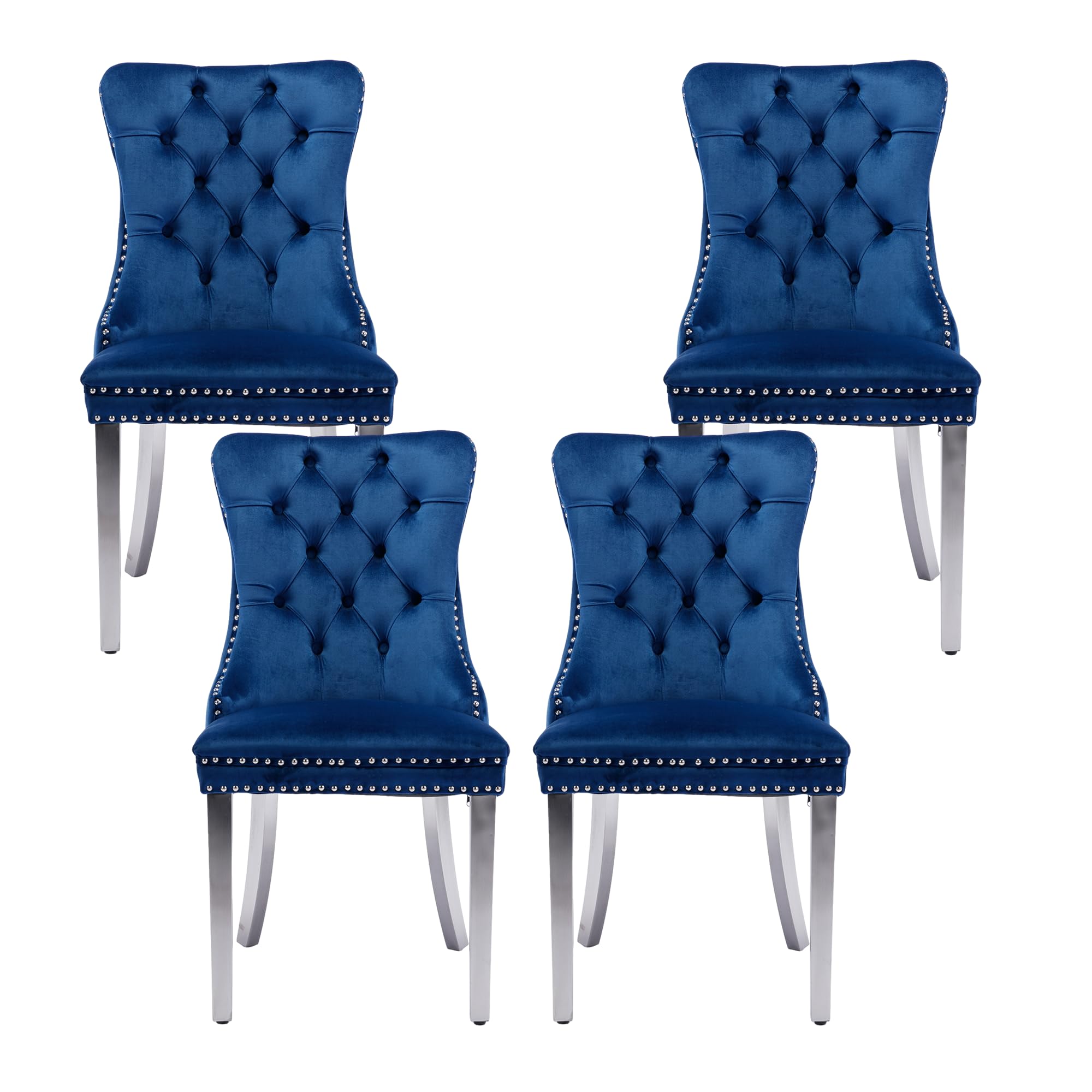 Rhomtree Tufted Dining Chair Modern Velvet Chairs for Dining Room Upholstered Dining Chairs with Nailhead Rivet Trim Pull Back Ring for Kitchen Dining Room (Blue with Silver Steel Leg, Set of 4)