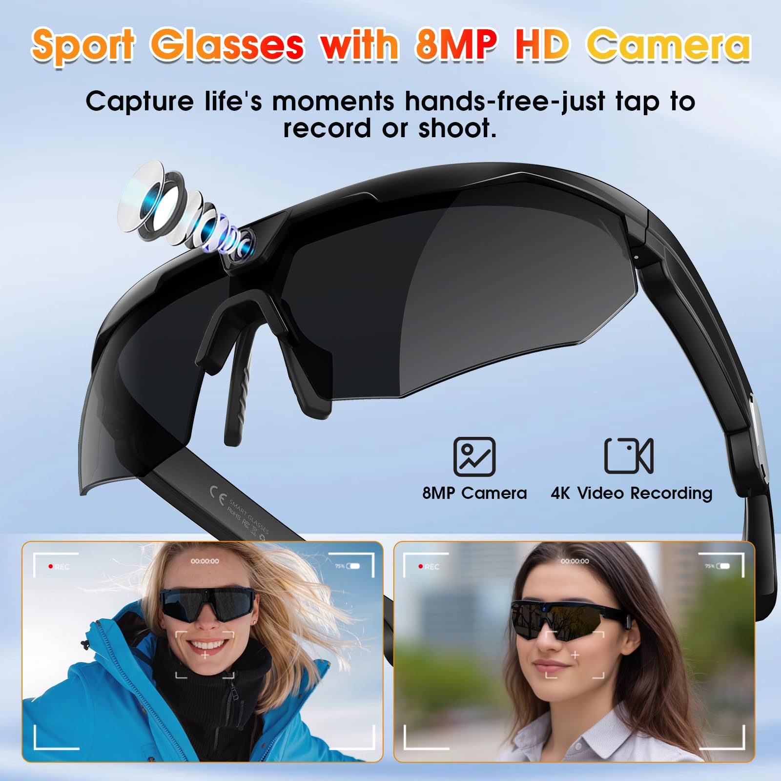GenXenon Gafas Inteligentes con Cámara, Grabación Video HD POV 8 MP y Foto, Memoria Integrada, Gafas de Sol con Cámara para Deportes Aire Libre como Ciclismo, Esquí y Senderismo (Negro)