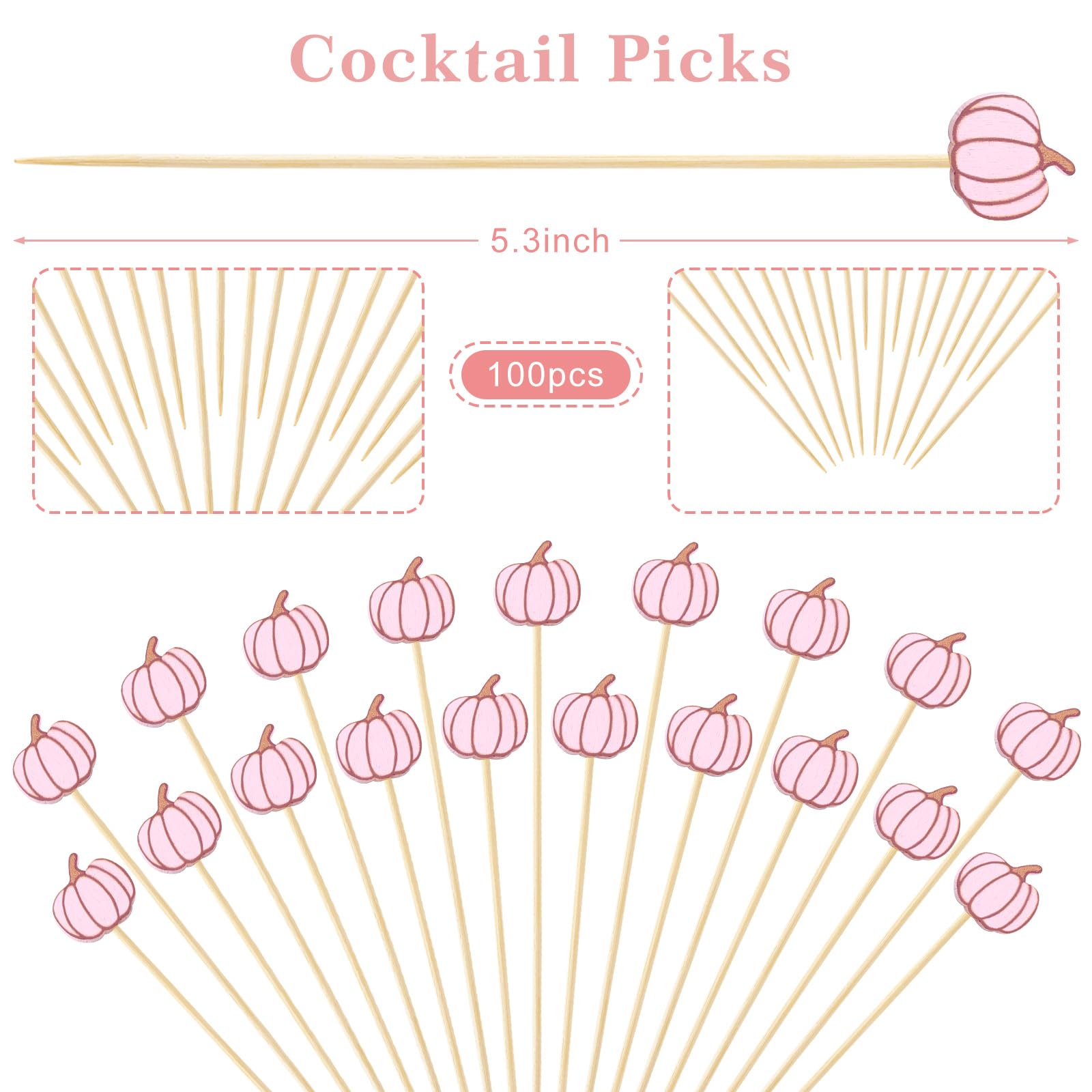 JarThenaAMCS 100 palillos de cóctel de otoño, calabaza, rosa, bambú, pinchos largos para aperitivos, para otoño, Acción de Gracias, frutas, bebidas, postres, suministros para fiestas