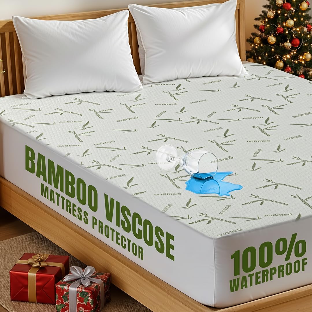 Bedding Waterproof Mattress Protector California King Size Bed, Premium 200 GSM Bamboo Viscose Cooling Mattress Cover, Soft and Breathable, Fitted Style with 17 Inches Deep Stretchable Pockets
