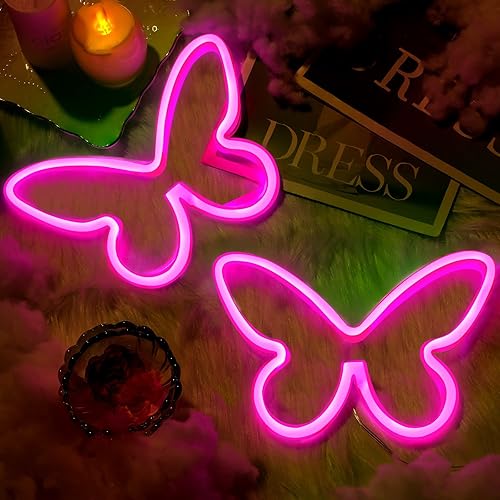 Miniatura 4 de Riakrum 2 letreros de neón de mariposa con luces LED, funciona con pilas, funciona con USB, funciona con USB, decoración de pared de mariposa para
