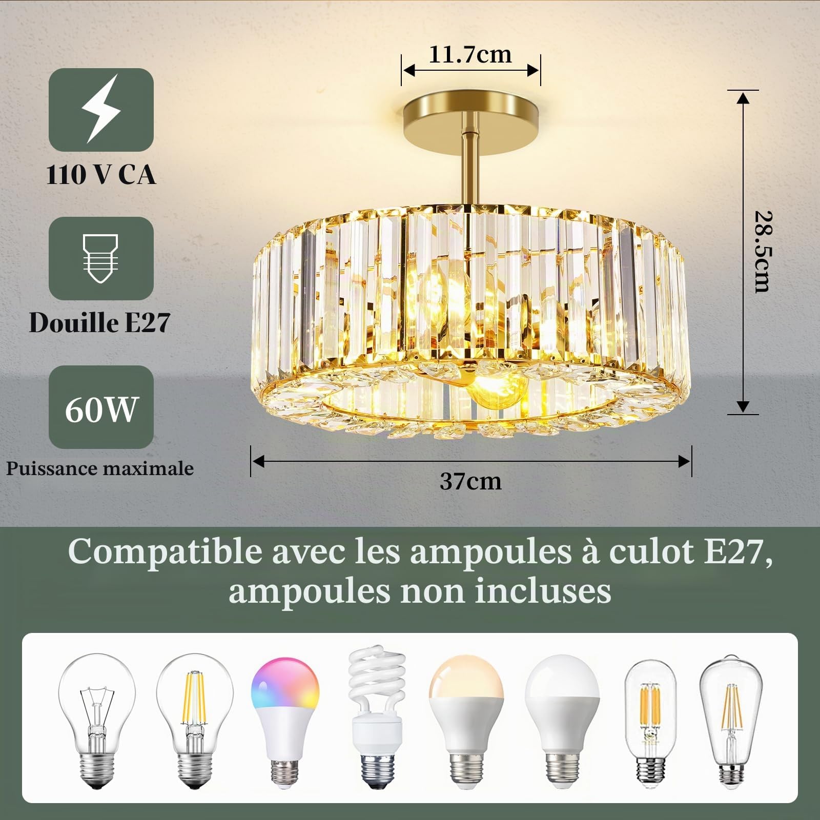 FRIDEKO HOME Moderne Plafonnier en Cristal Or,4 Flammes Grand Lustre Rond Cristal Abat-jour Métal Plafonnier E27 pour Chambre à coucher Salon Salle à manger Cuisine Couloir,Ø37cm