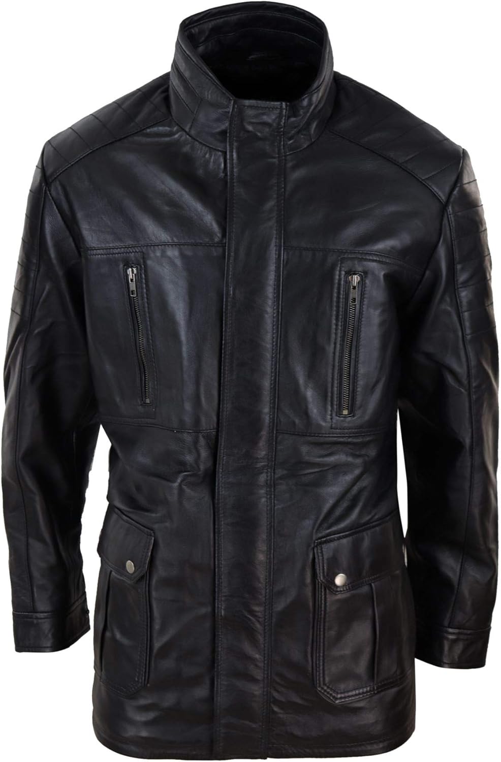 Mens 3/4 Real Leather Jacket Safari Black Brown Zipped Winter Shooting