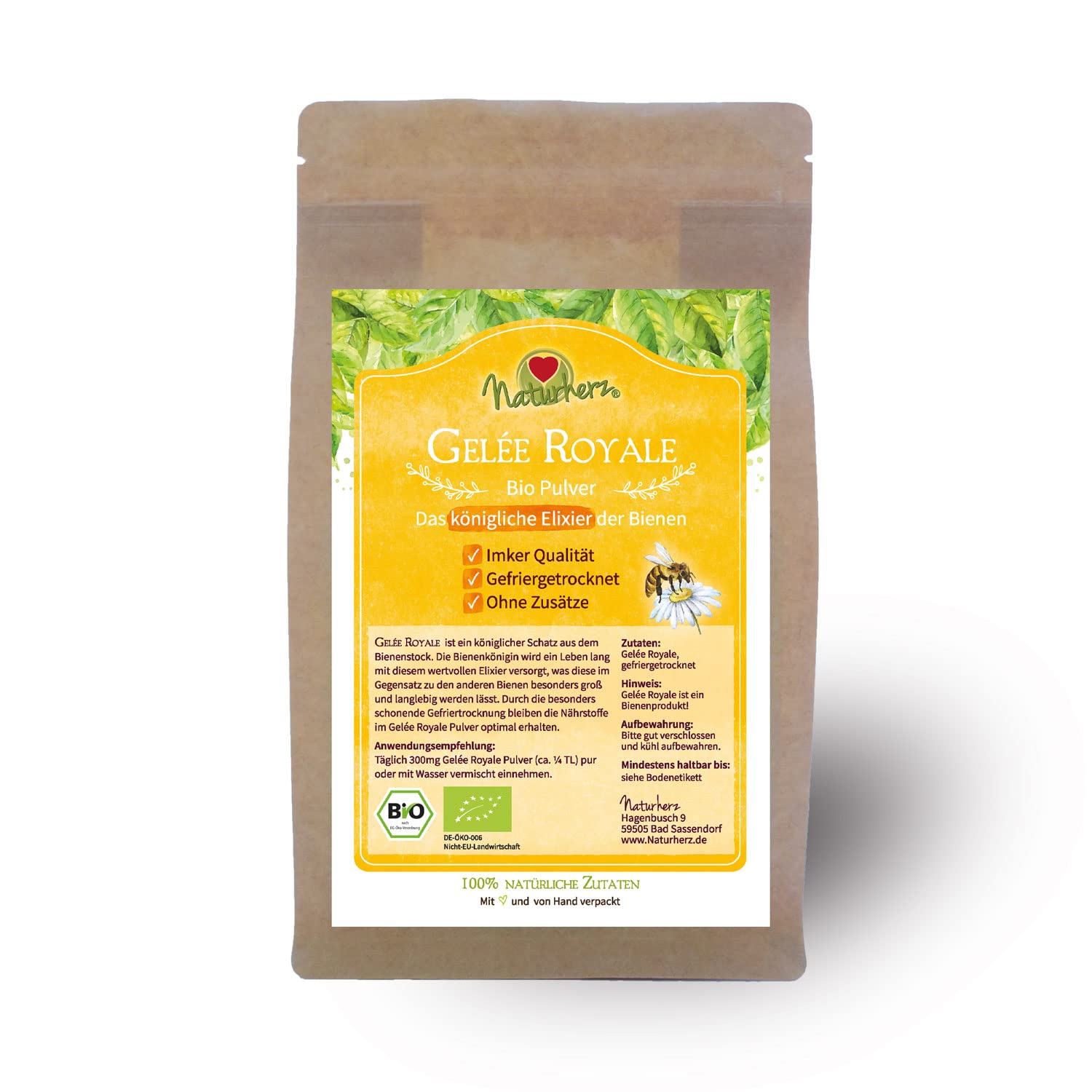 Bio Gelee Royal Pulver | 100% gefriergetrocknetes Gelee in bewährter Naturherz-Qualität vom Bio Imker (50g)