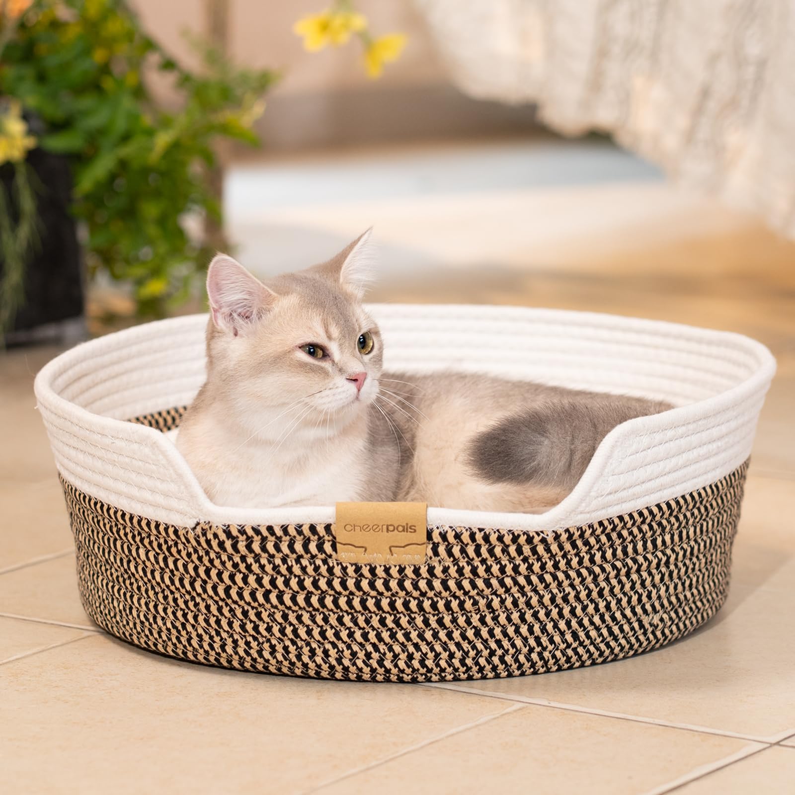 CheerPals Panier Chat Tressé en Corde, Lit pour Chat Respirant au Design Artisanal, Panier Rond et Douillet pour Toutes Saisons, Style Nordique, 47x47x15 cm