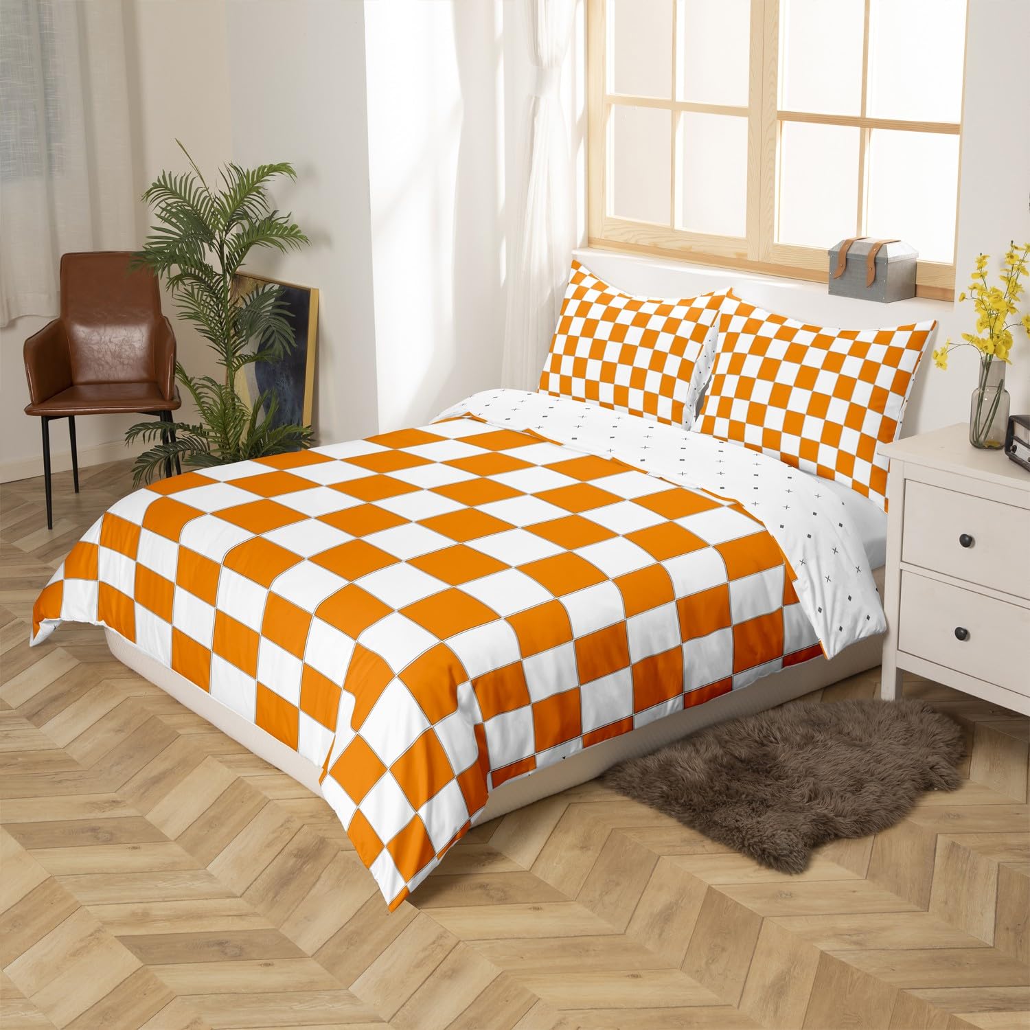 Homewish White Orange Checkered Bedding Set Single Buffalo Plaid Grid Comforter Cover,Checkerboard Duvet Cover For Kids Adults Men Women Aesthetics Gingham Quilt Cover Modern Room Decor - Image 3