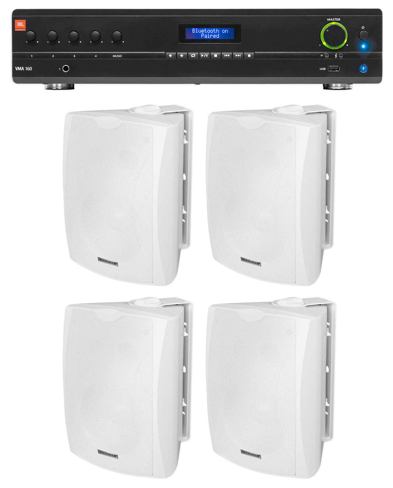 Audiosavings Bundle: (1) JBL VMA160 60-Watt 70 Volt 70V Mixer/Amplifier with Bluetooth 5 Channel Inputs Bundle with (4) Rockville WET-5W 70V 5.25