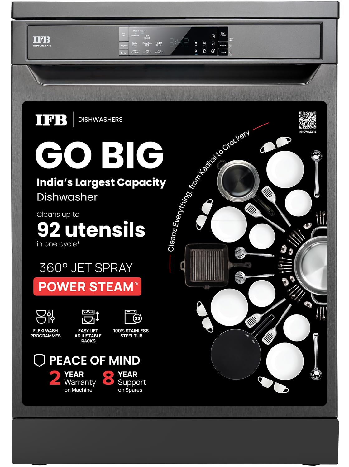 IFB 16 Place Settings with DeepClean® Technology Powered by AI Freestanding Dishwasher (Neptune VX16, Inox Grey, Largest Capacity Washes upto 92 Utensils, 70° Hot Water Wash)